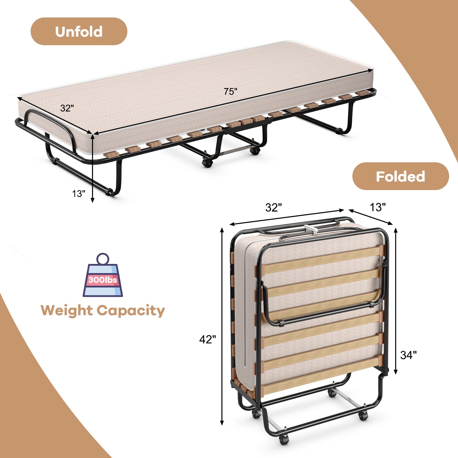 KOMFOTT Folding Bed with Mattress for Adults, Rollaway Guest Beds w/Memory Foam Mattress & Metal Frame