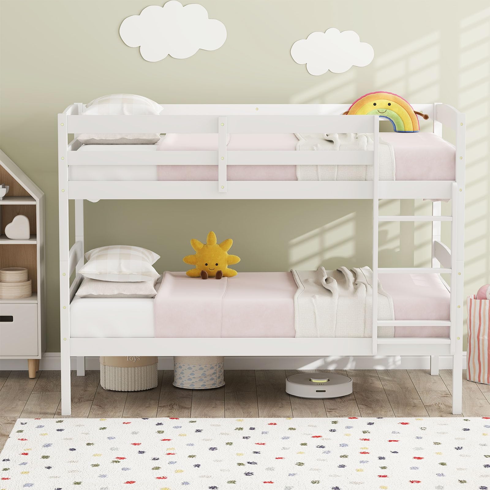KOMFOTT Twin Over Twin Wood Bunk Bed, Converts to 2 Individual Beds