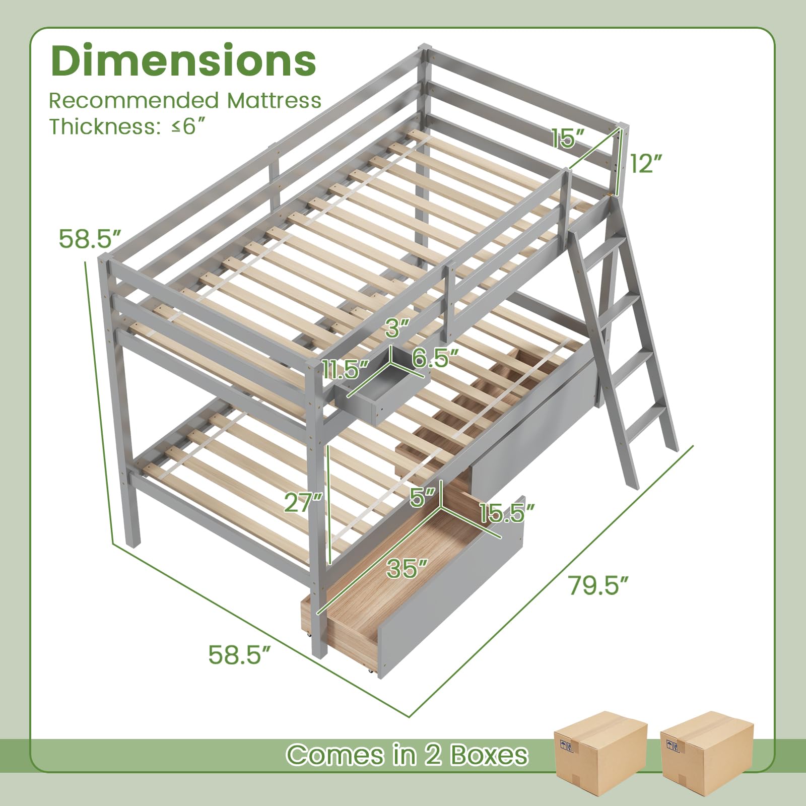 KOMFOTT Twin Over Twin Bunk Bed with 2 Roll-Out Drawers