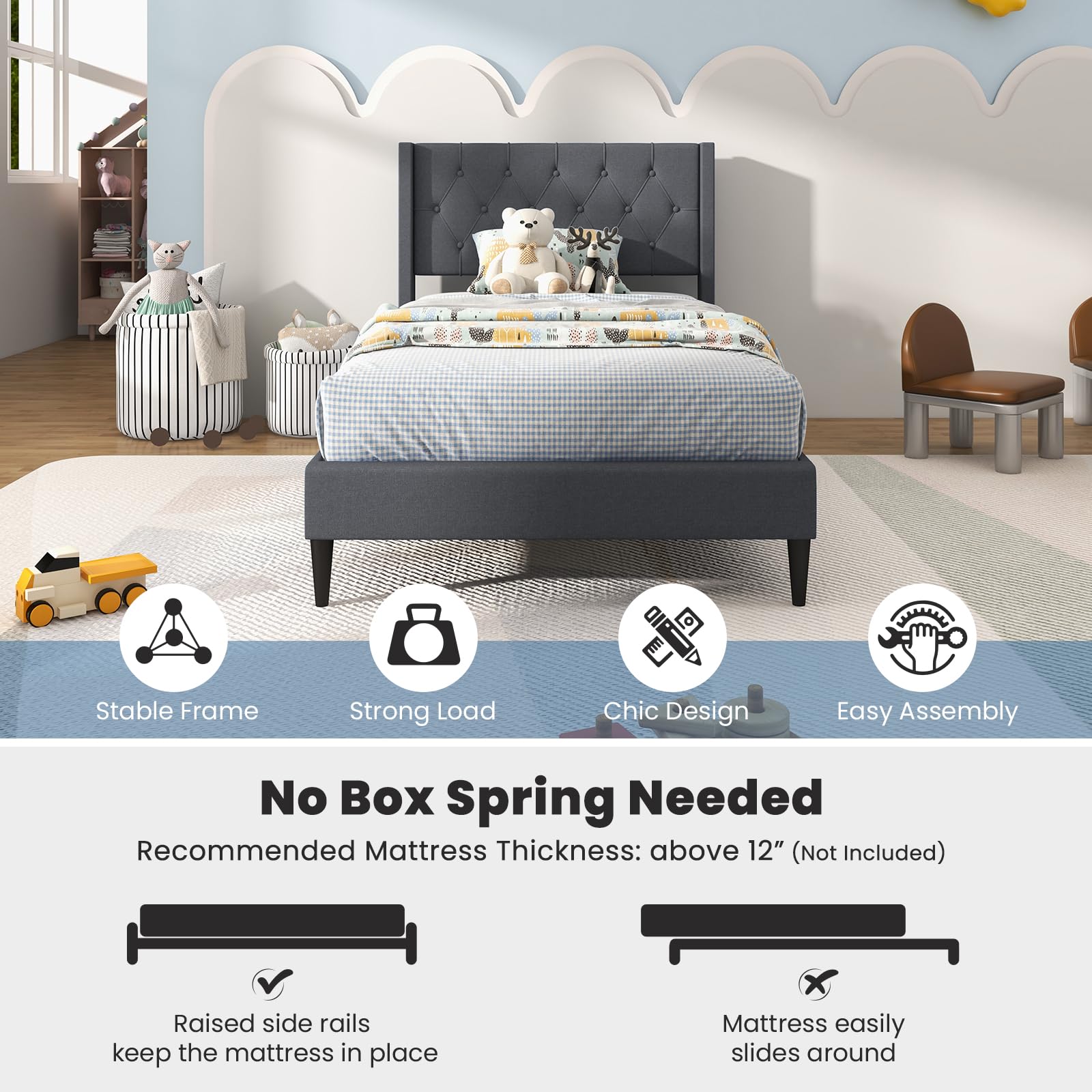 KOMFOTT Twin/Queen Size Upholstered Platform Bed with Button Tufted Wingback Headboard