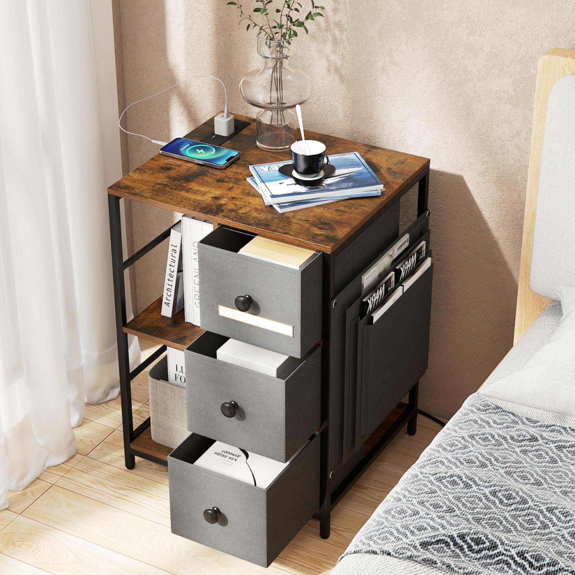 KOMFOTT 3-Tier Nightstand with Charging Station