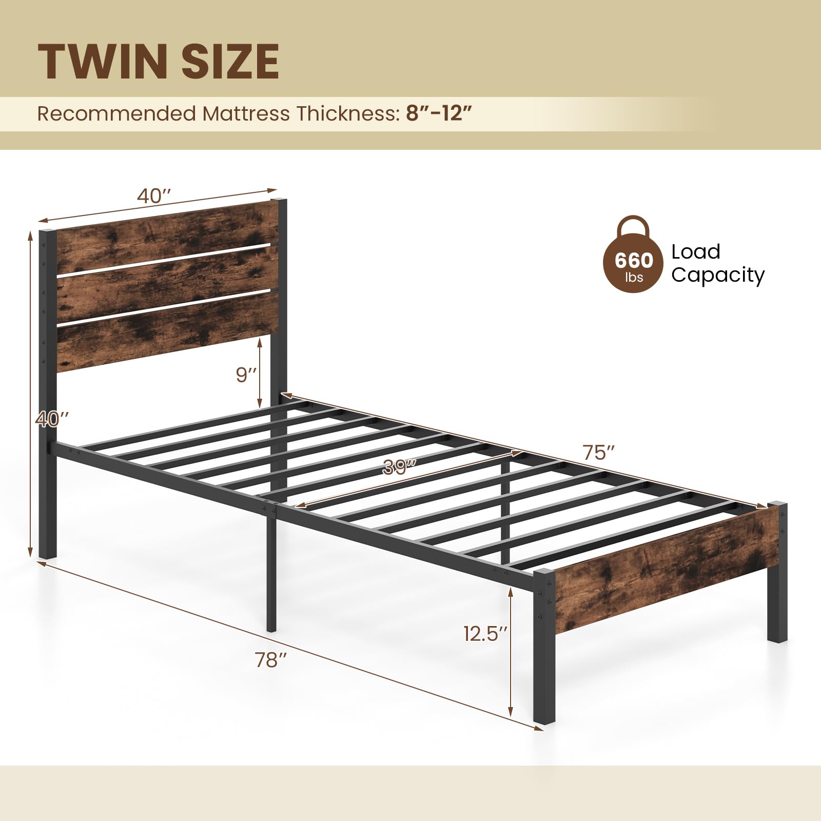 KOMFOTT  Metal Bed Frame Industrial Platform Bed Frame with Headboard