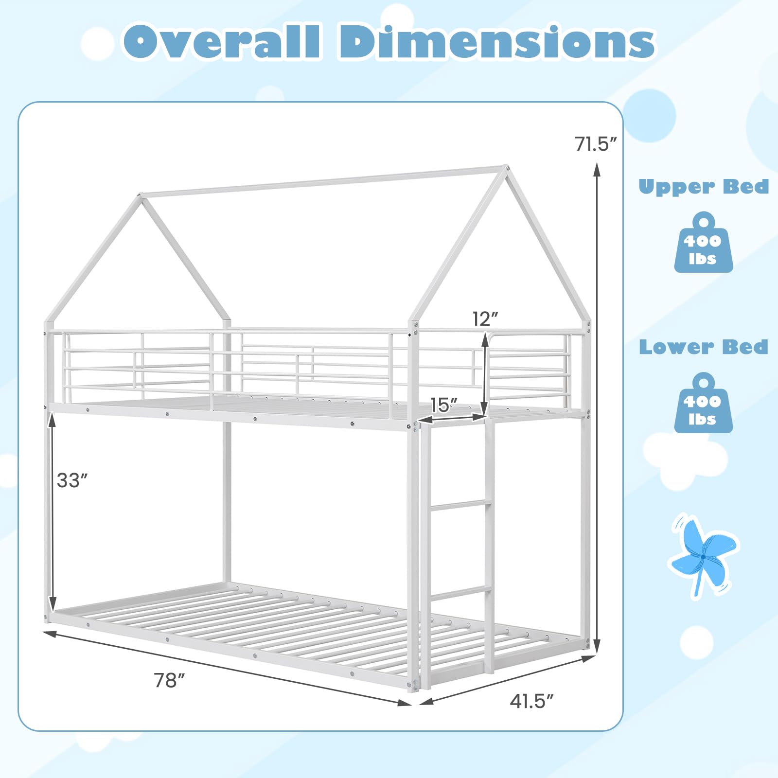 KOMFOTT Low Bunk Bed Twin Over Twin with Roof