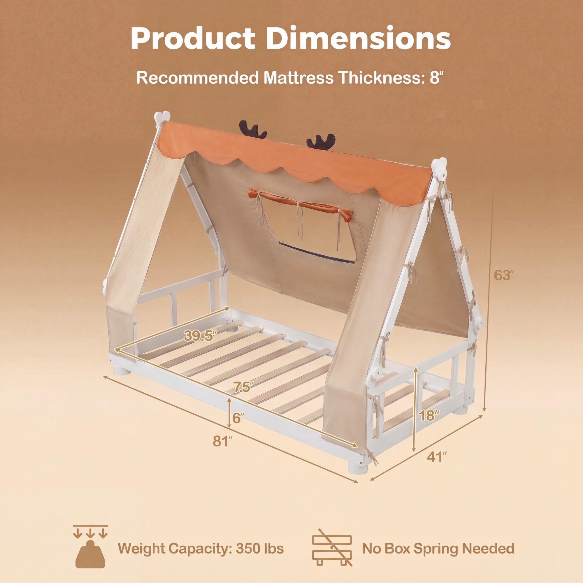 KOMFOTT Twin Floor House Bed with Tent Wood Bed Frame