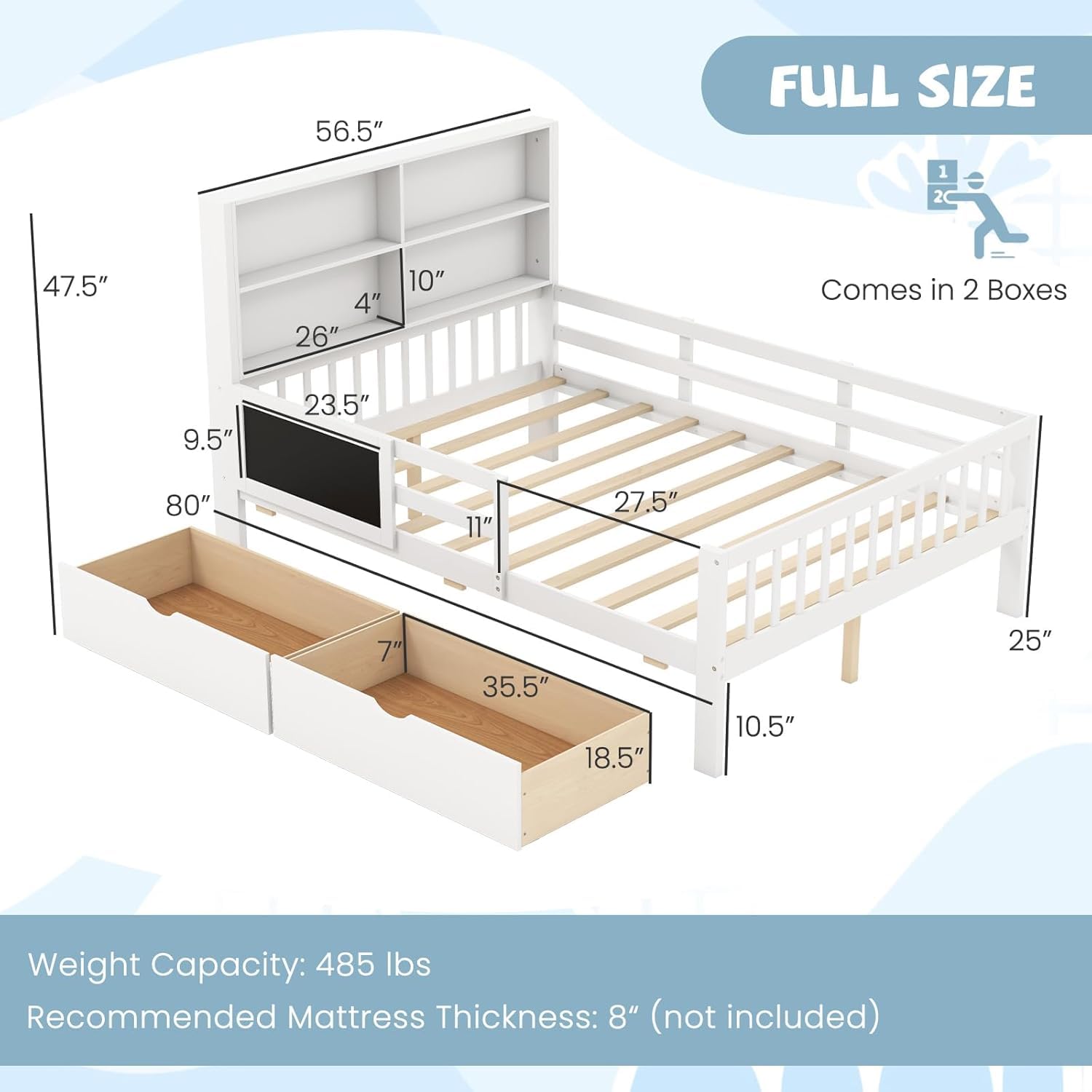 KOMFOTT Bed with Rails & 2 Storage Drawers