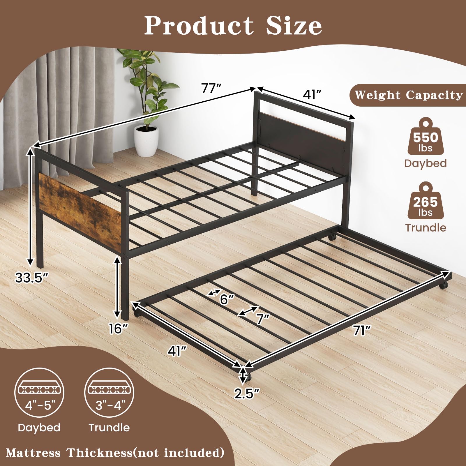 KOMFOTT Twin Size Metal Daybed with Trundle