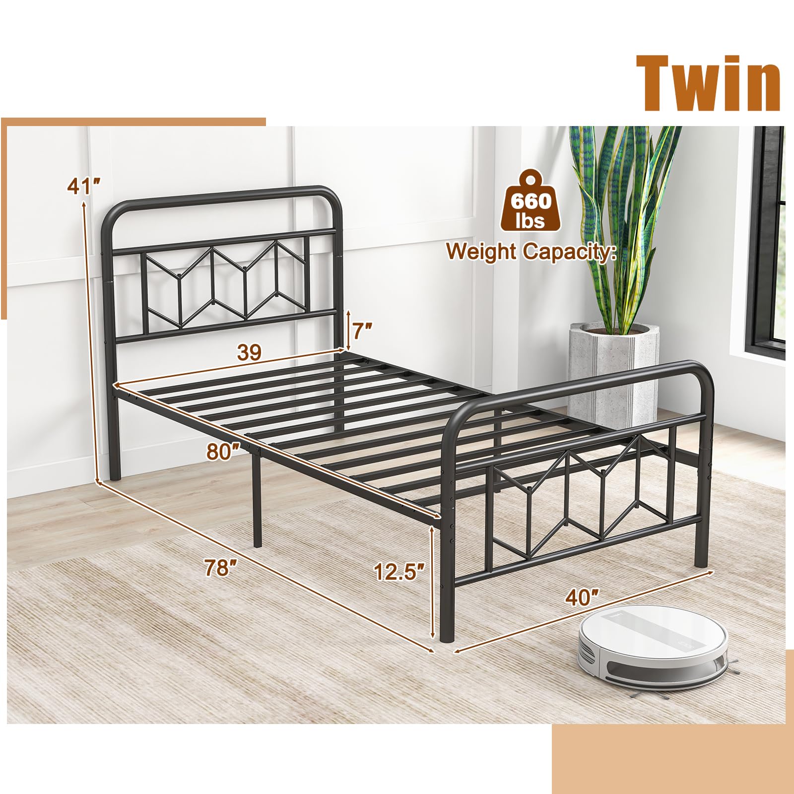 KOMFOTT Metal Bed Frame with Headboard & Footboard Heavy Duty Platform Bed
