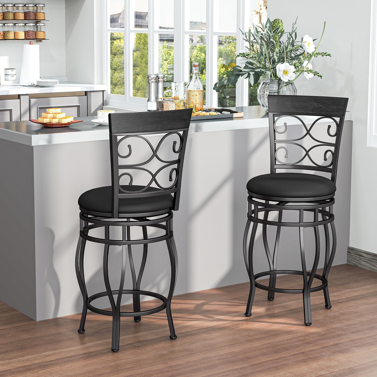 KOMFOTT Swivel Bar Stools Set of 2/4, Counter Height Bar Stools with Back, Upholstered PU Leather Seat, Footrest