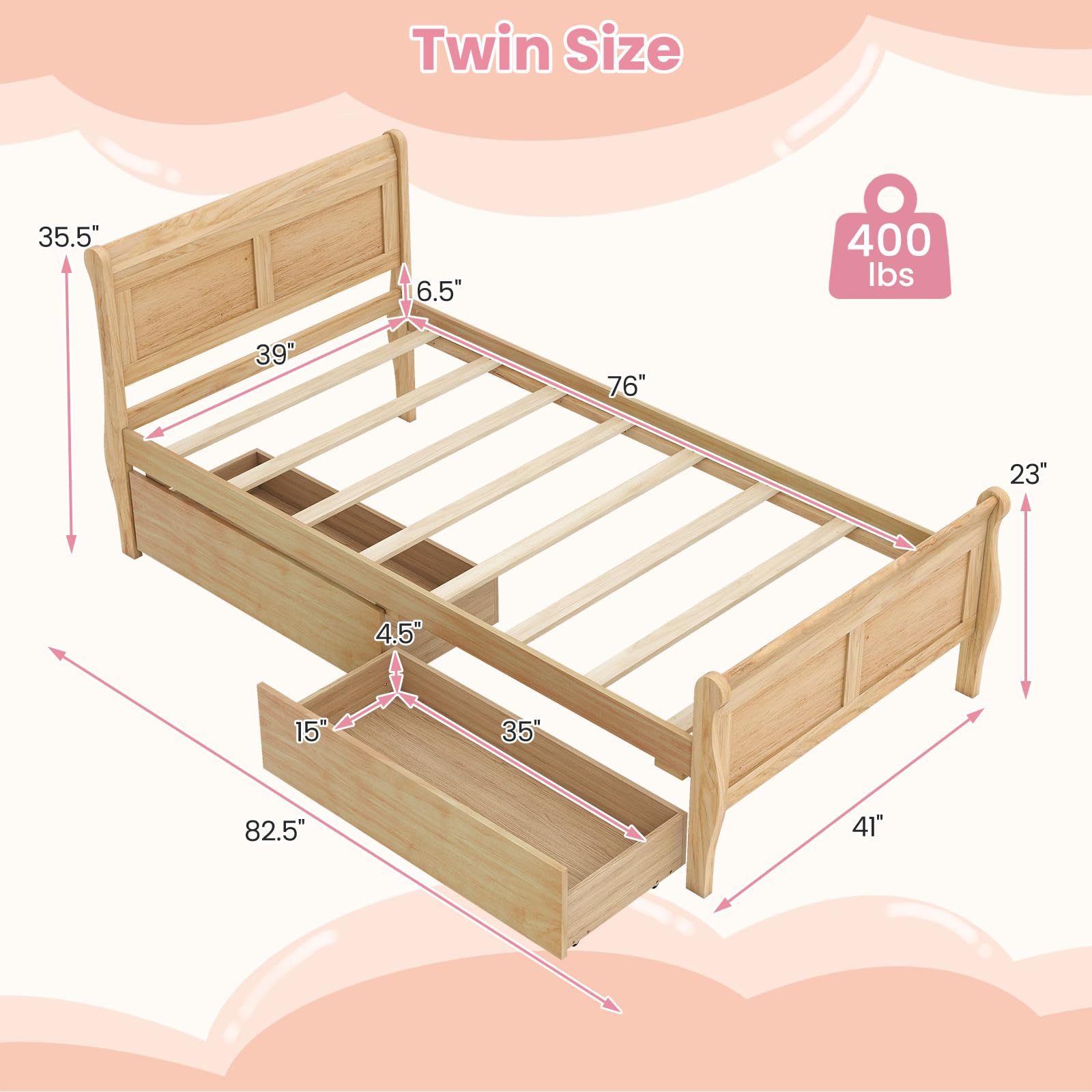 KOMFOTT Twin Size Sleigh Wood Bed Frame with 2 Storage Drawers