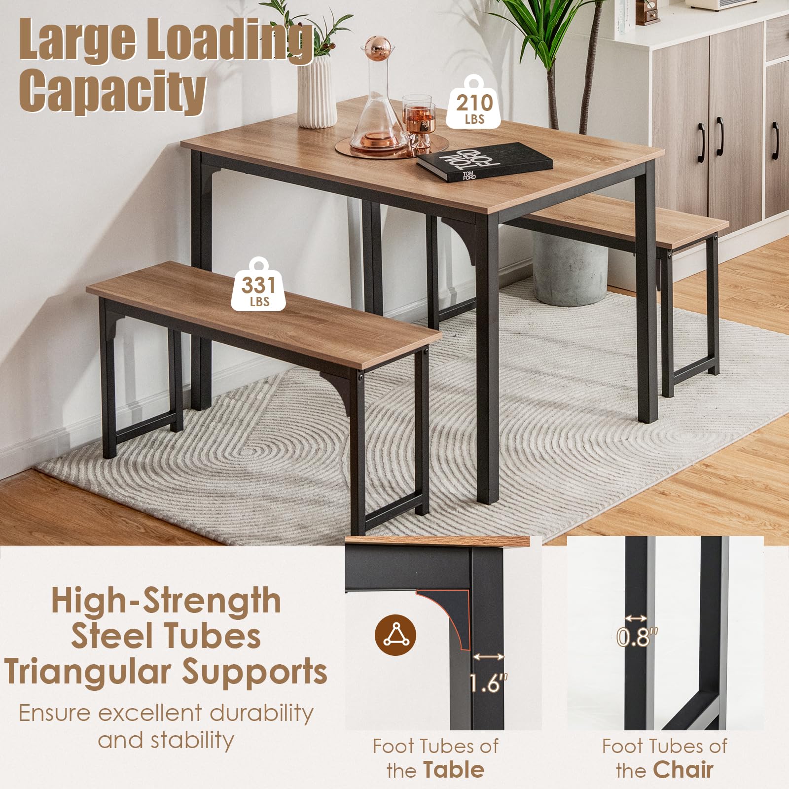 KOMFOTT Dining Table Set for 4, 3-Piece Kitchen Table with 2 Benches