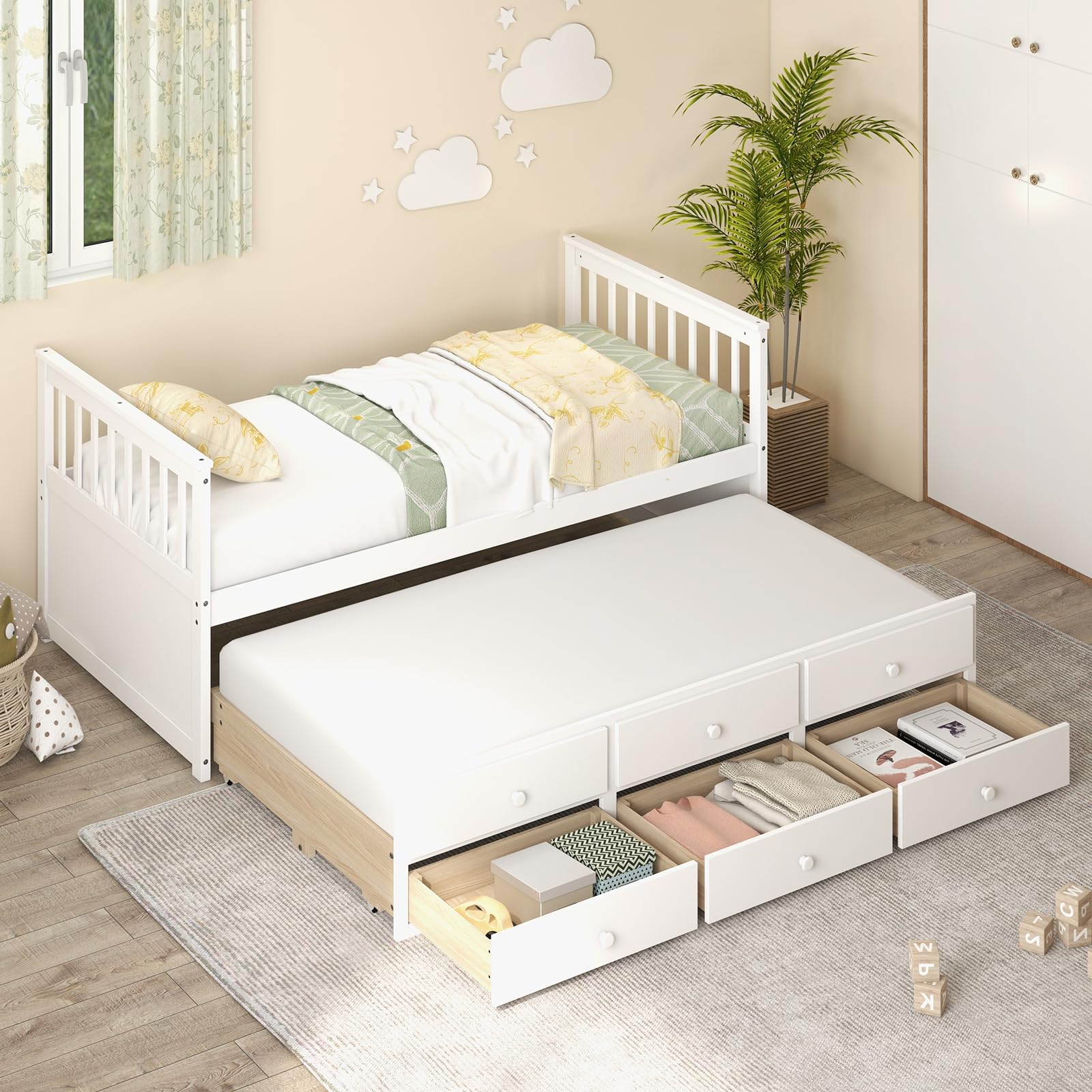 KOMFOTT Twin Captain’s Bed with Trundle Bed, Wood Storage Daybed with 3 Storage Drawers