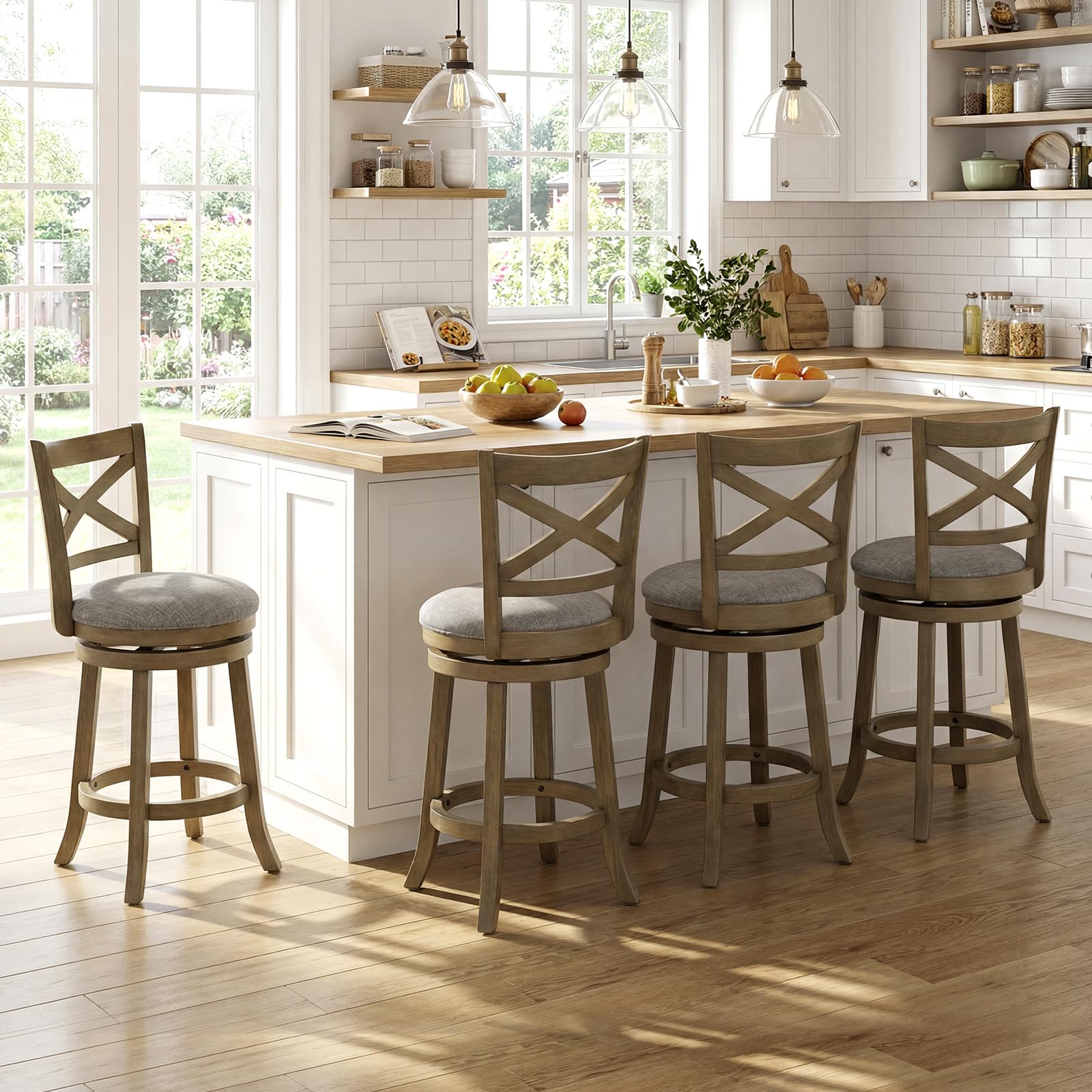 KOMFOTT Wood Swivel Bar Stools Set of 2/4, Counter Height Swivel Chairs with Hollow Back & Soft-Padded Seat