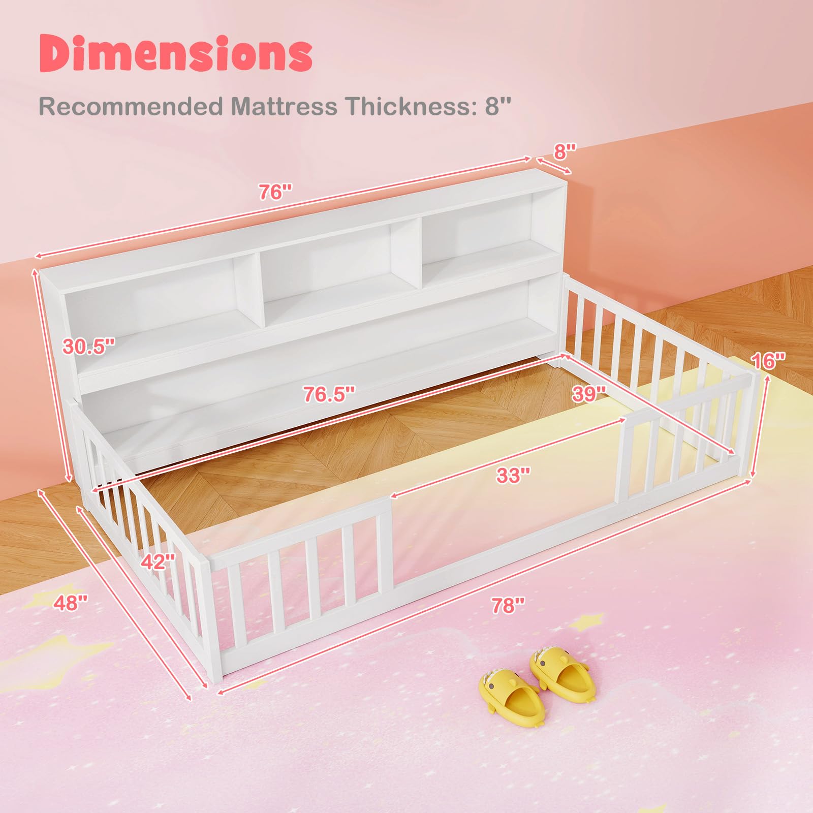 KOMFOTT Twin Floor Bed with Bookcase & Shelves