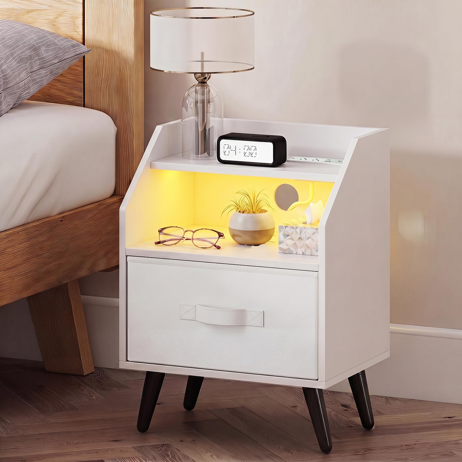 KOMFOTT Nightstand with LED Lights Charging Station & Fabric Drawer(1/2)
