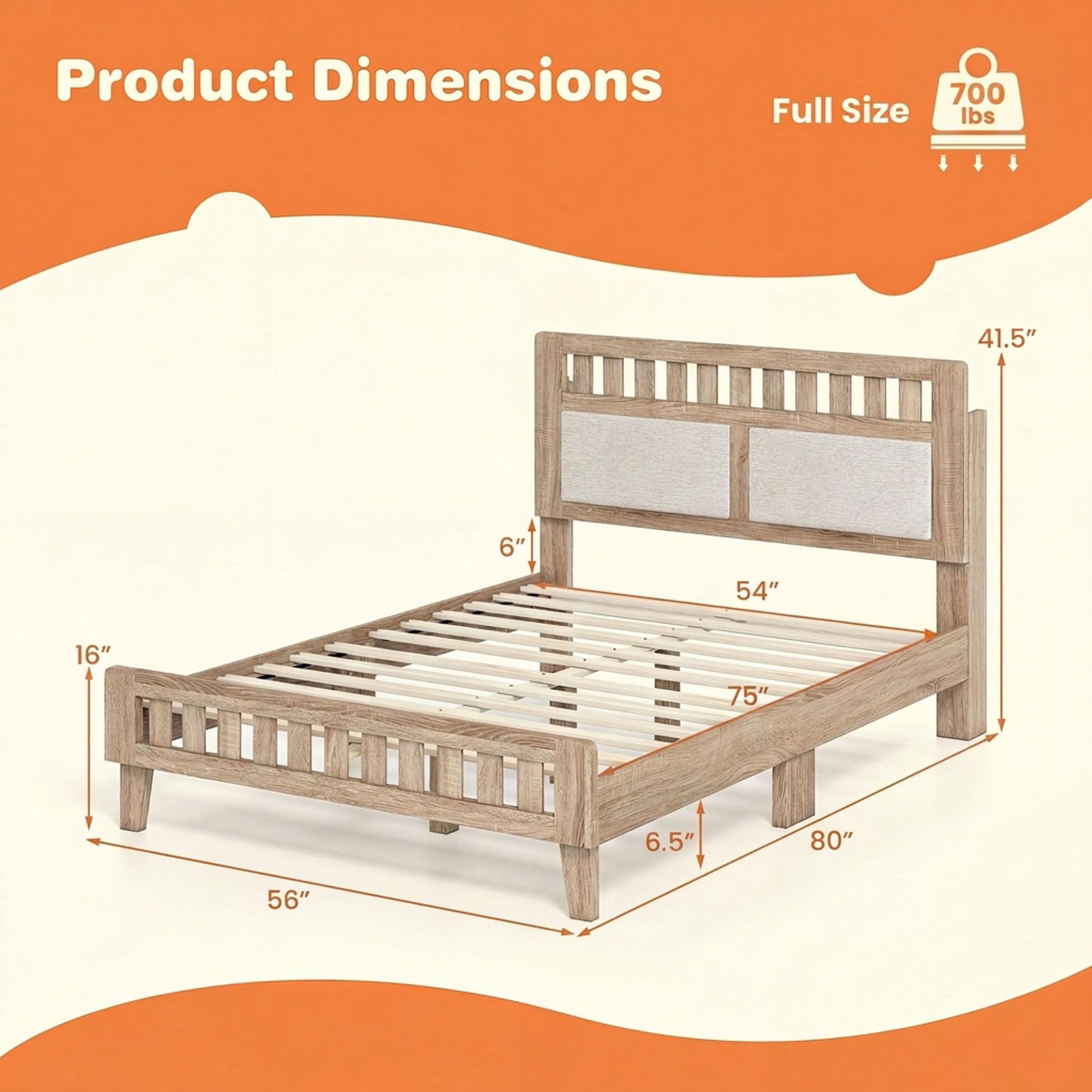 KOMFOTT Full/Twin/Queen Wood Bed Frame with Upholstered Headboard