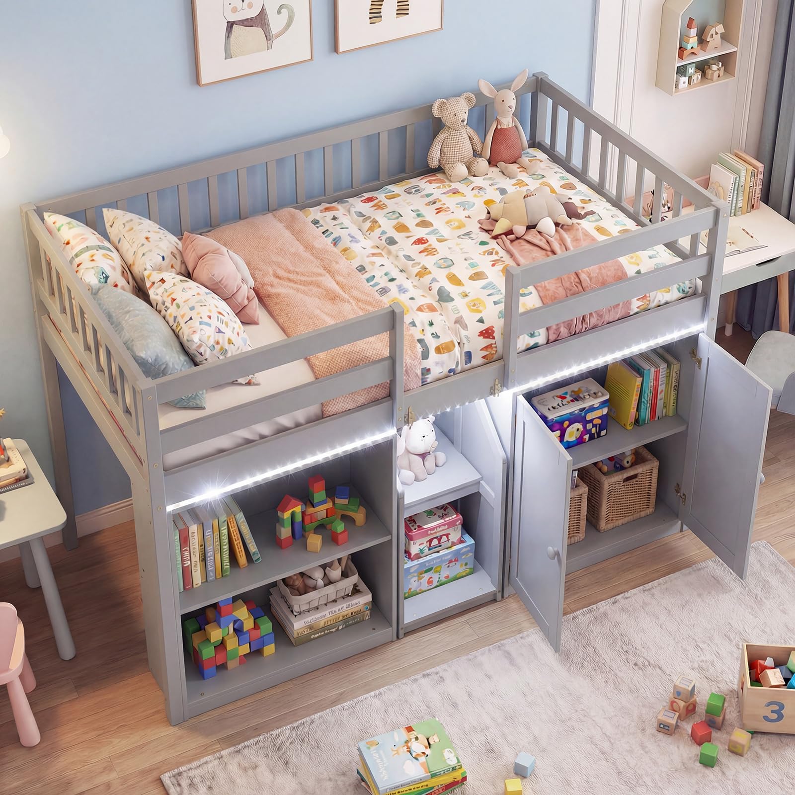 KOMFOTT Twin Size Low Loft Bed with LED Light Stairs & Guardrails