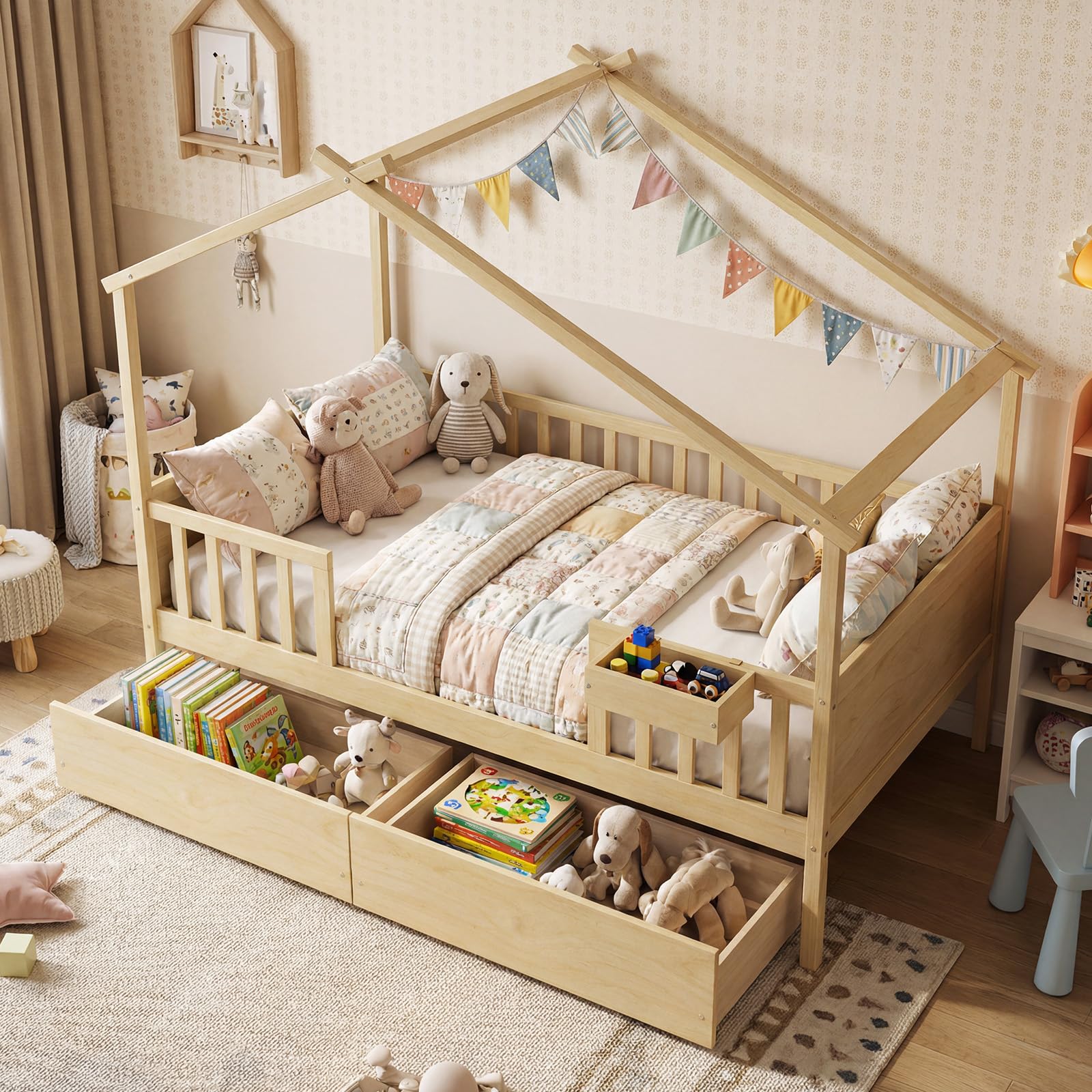 KOMFOTT Full Size House Bed for Kids with 2 Rolling Drawers & Roof & Fence Rails