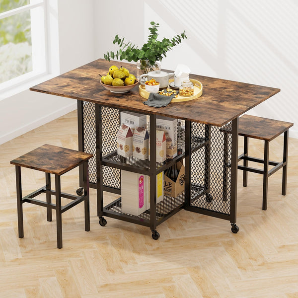 3 Piece Foldable Dining Table Set, Drop Leaf Expandable Dining Table & 2 Stools Set w/Lockable Wheels & 2 Mesh Storage Shelves