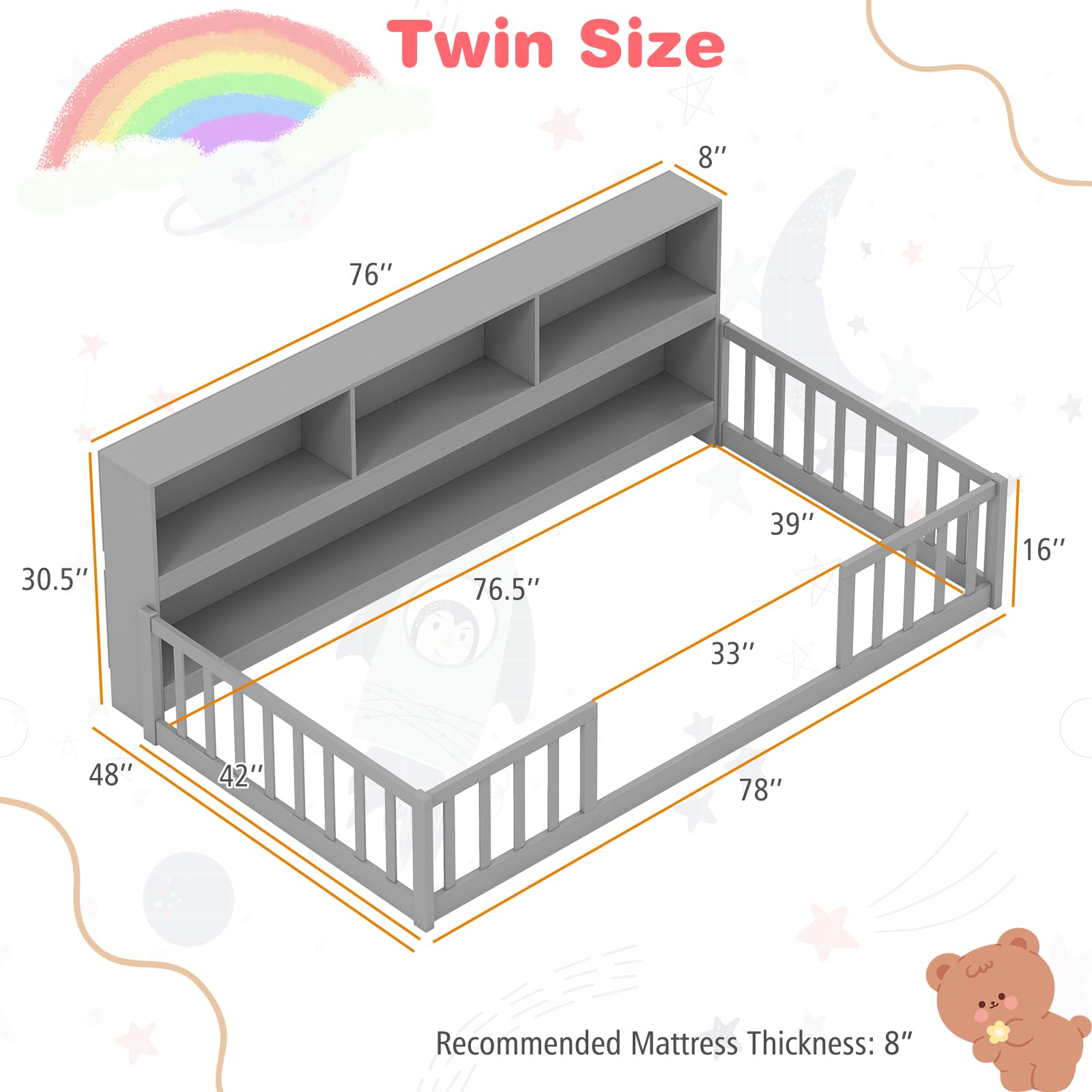 KOMFOTT Twin/Full Size Floor Bed with Bookcase & Shelves & Safety Guardrails