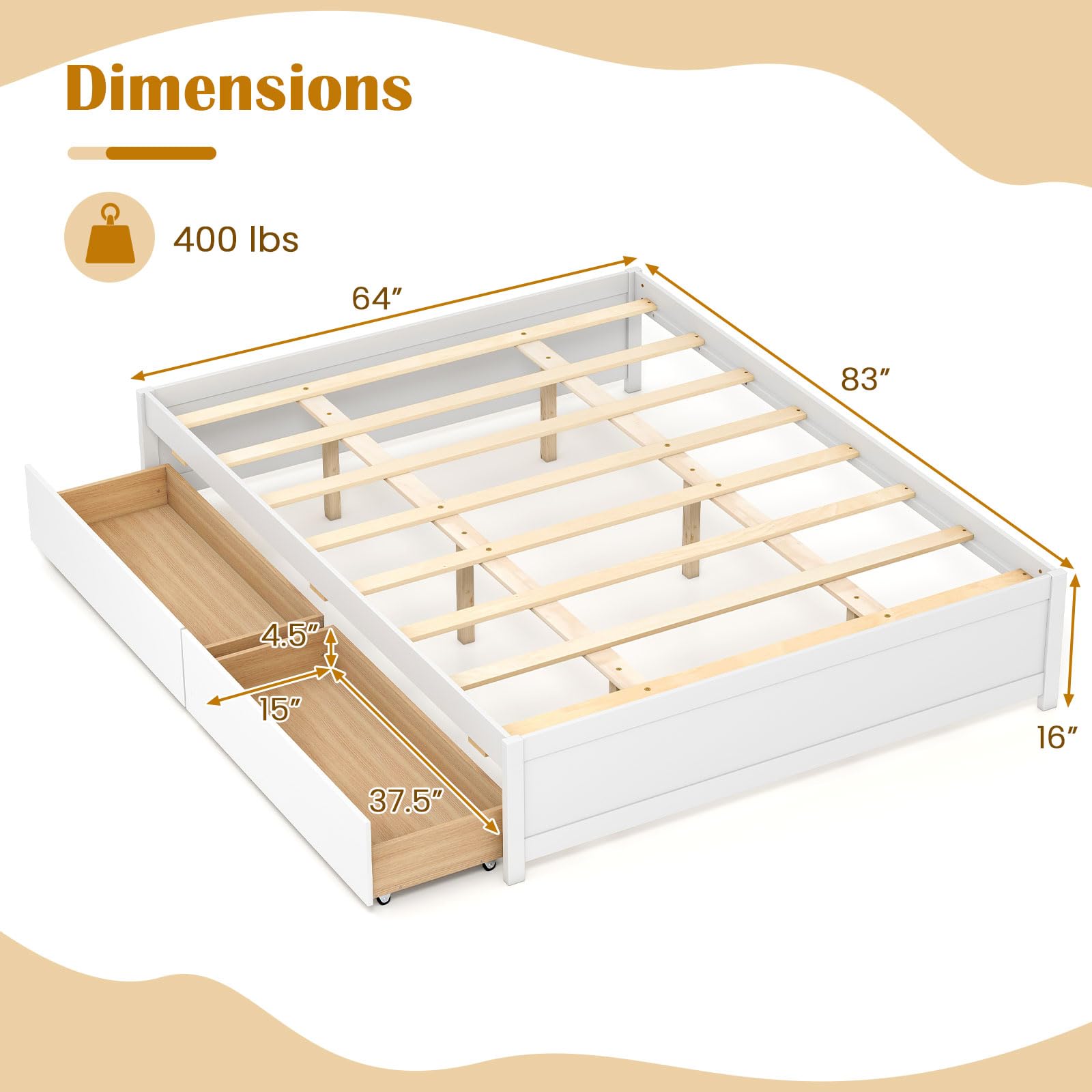 KOMFOTT Bed Frame with 2 Storage Drawers, Solid Wood Platform Bed with Slats Support