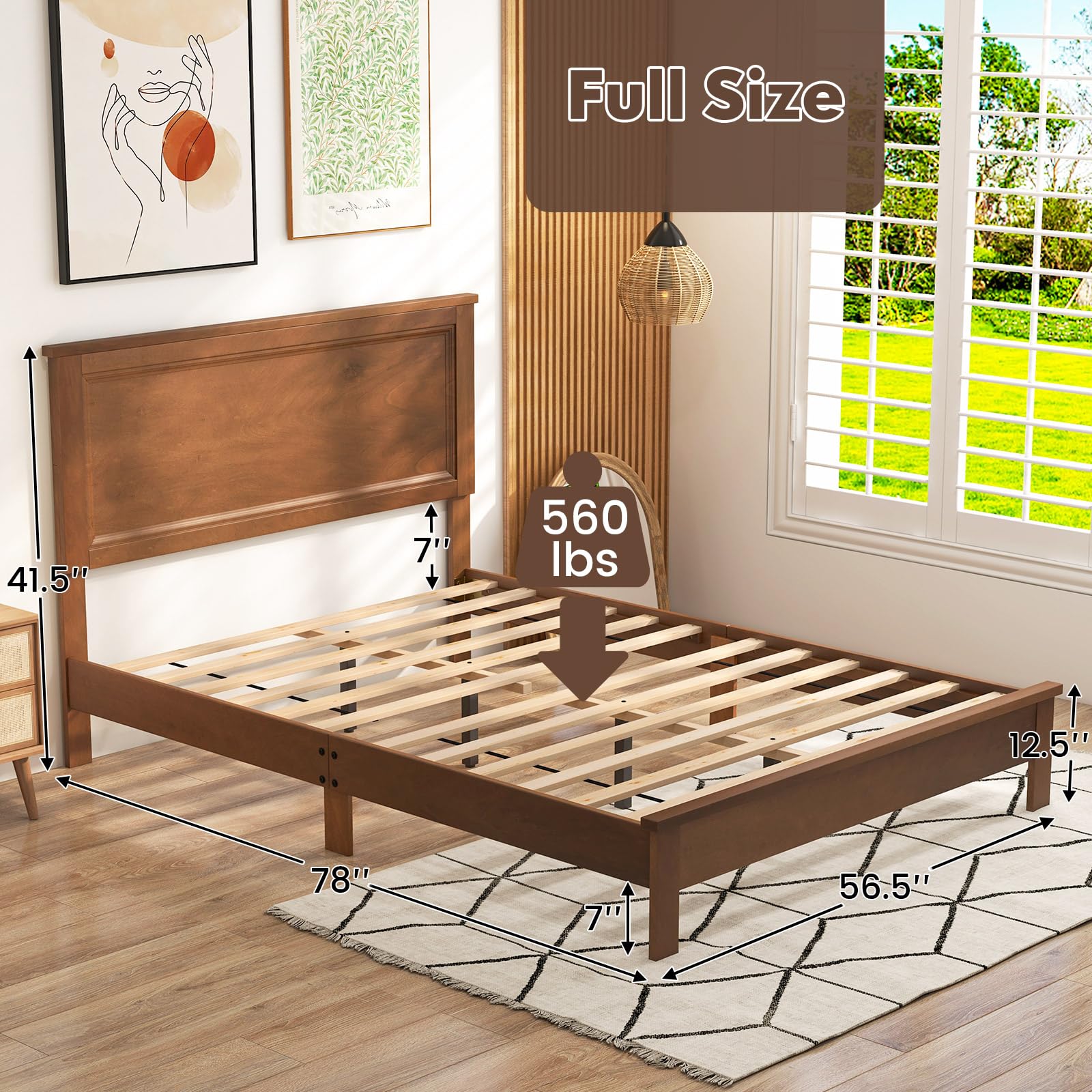 KOMFOTT Mid-Century Modern Platform Bed with Headboard, Solid Wood Legs
