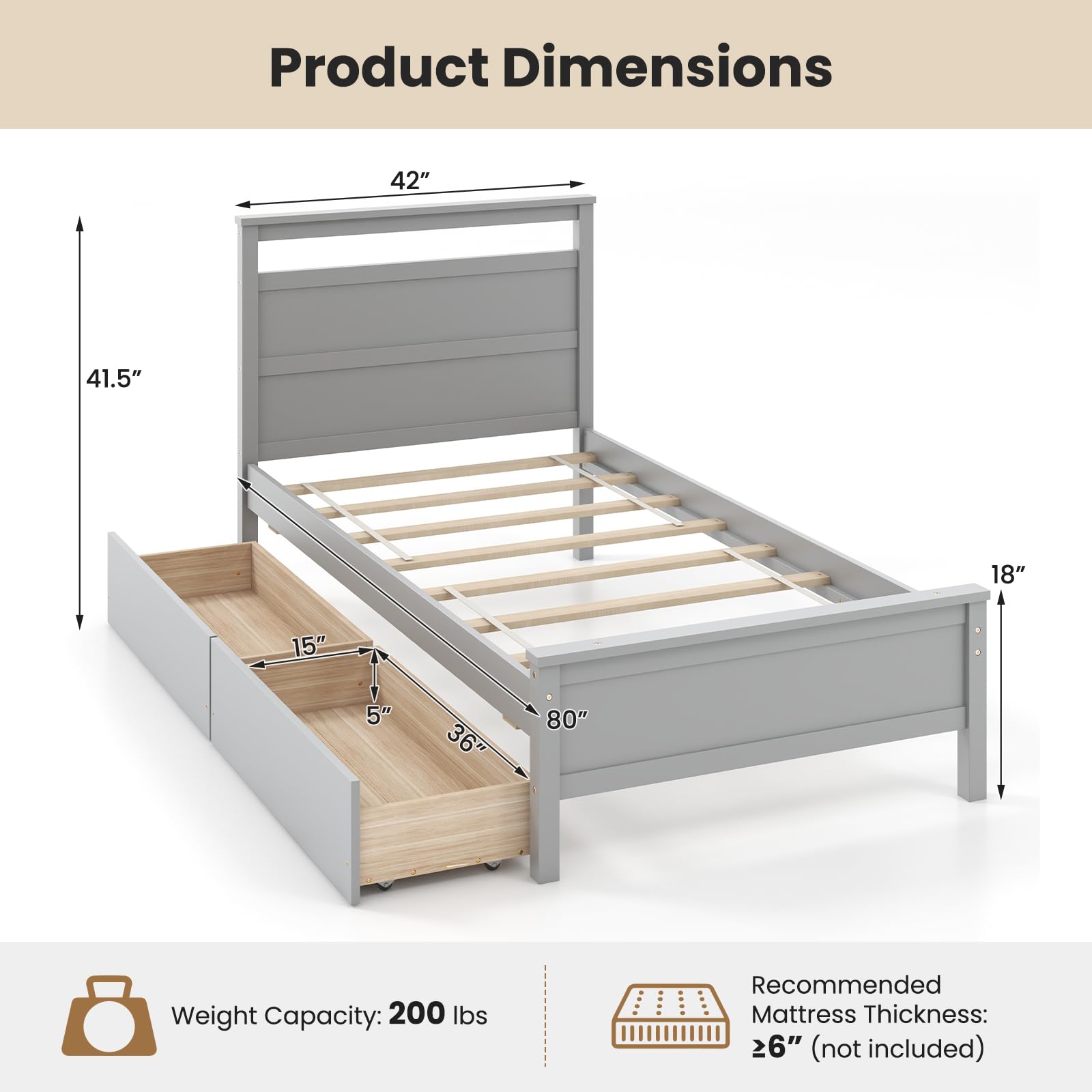 KOMFOTT Twin Bed Frame with 2 Storage Drawers