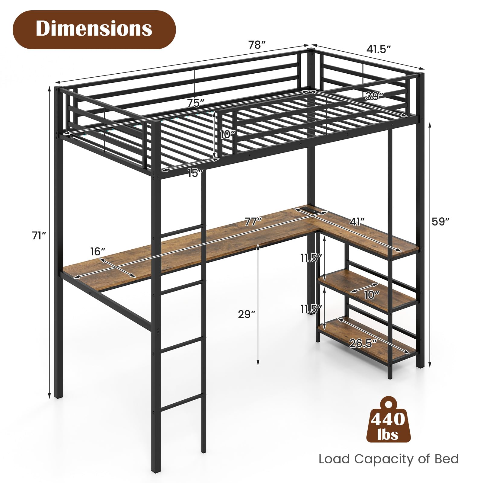 KOMFOTT Twin Size Loft Bed with L-Shaped Desk & Storage Shelves