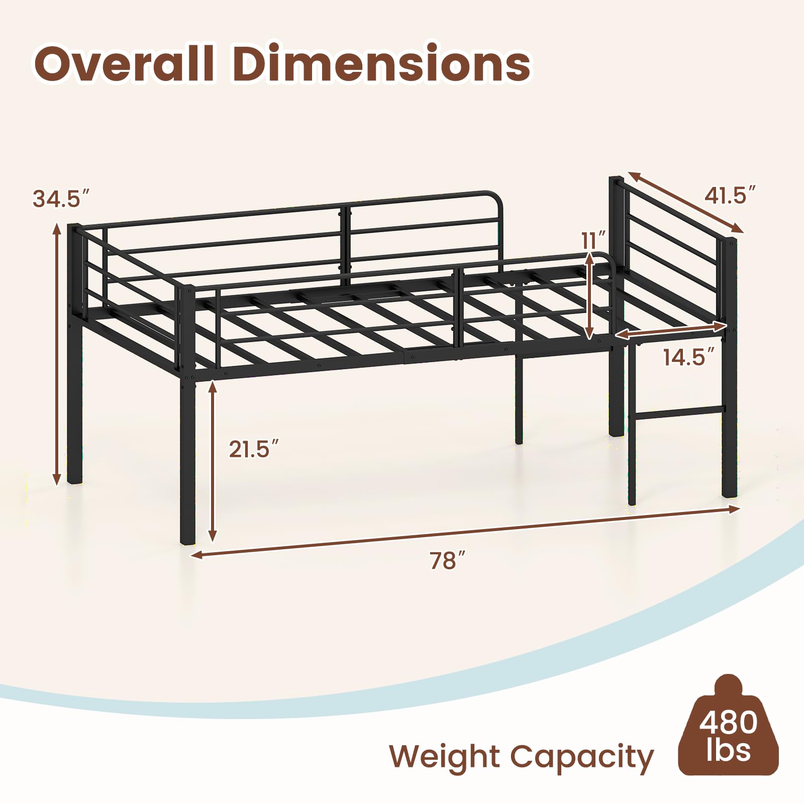 KOMFOTT Twin Size Low Loft Bed Heavy Duty Metal Bed Frame