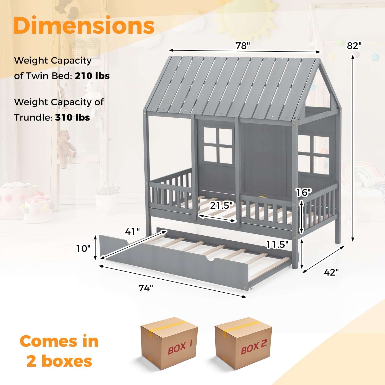 KOMFOTT Twin Size House Bed with Trundle Wood Kid’s House Bed Frame