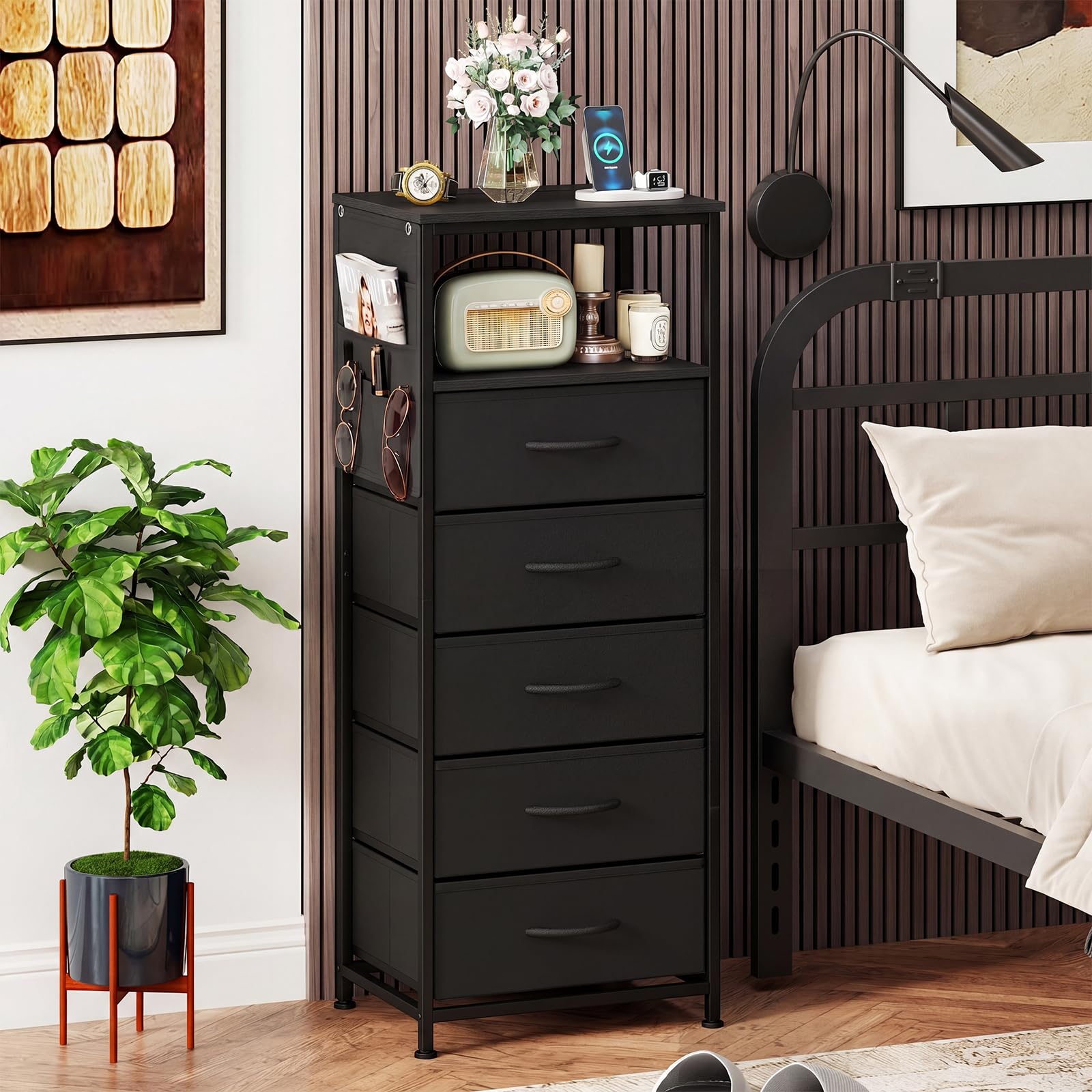 KOMFOTT 1/2 Nightstand with Integrated Charging Station 39" Tall Modern End Table(5 Drawers)