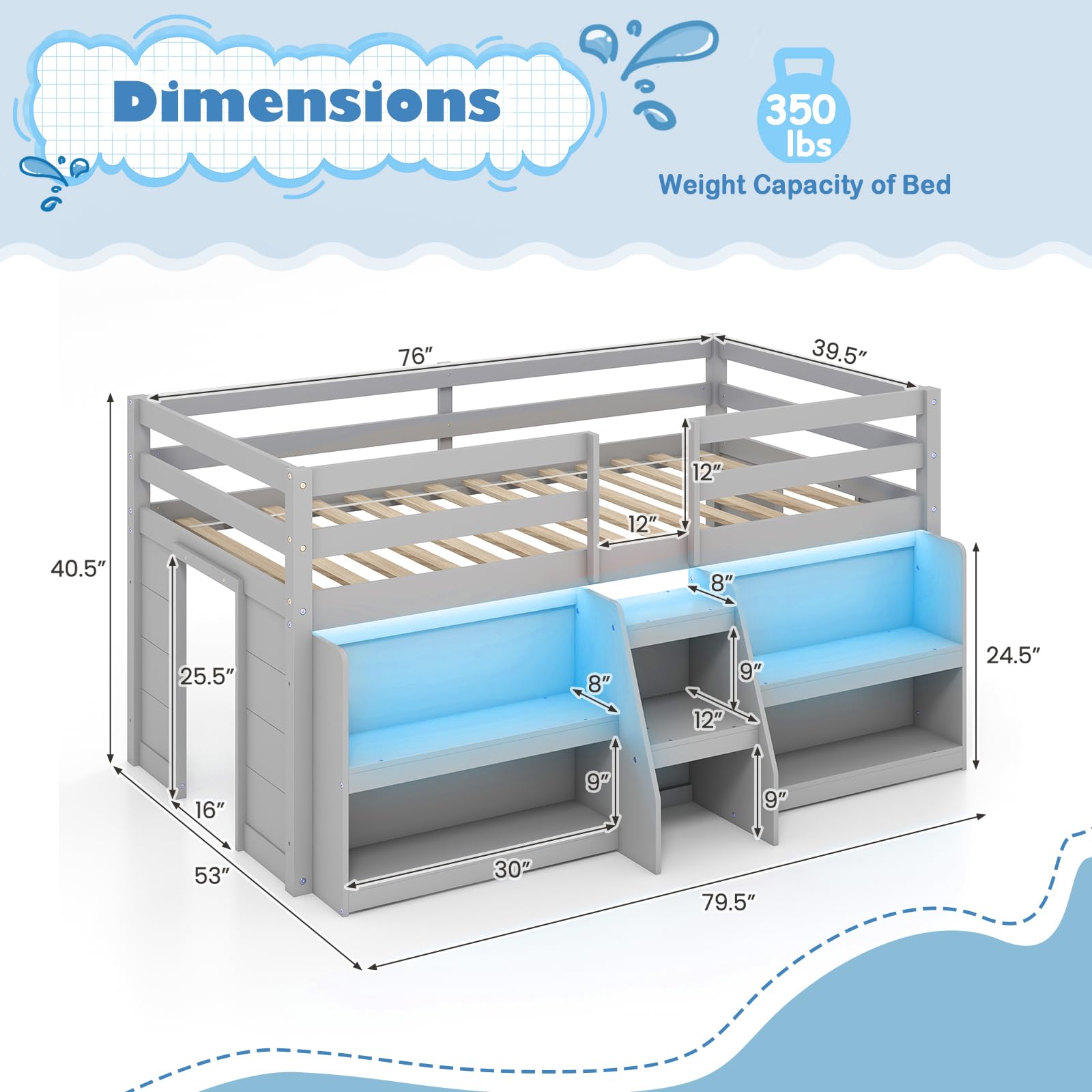 KOMFOTT Low Loft Bed with LED Light & 2 Bookcases