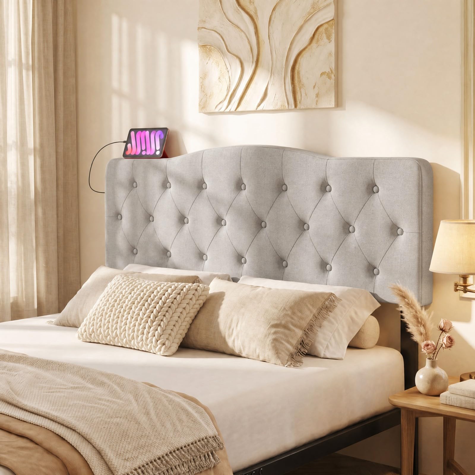 KOMFOTT Modern Headboard with Charging Station for Queen & Full Bed(Curved Button Tufted)