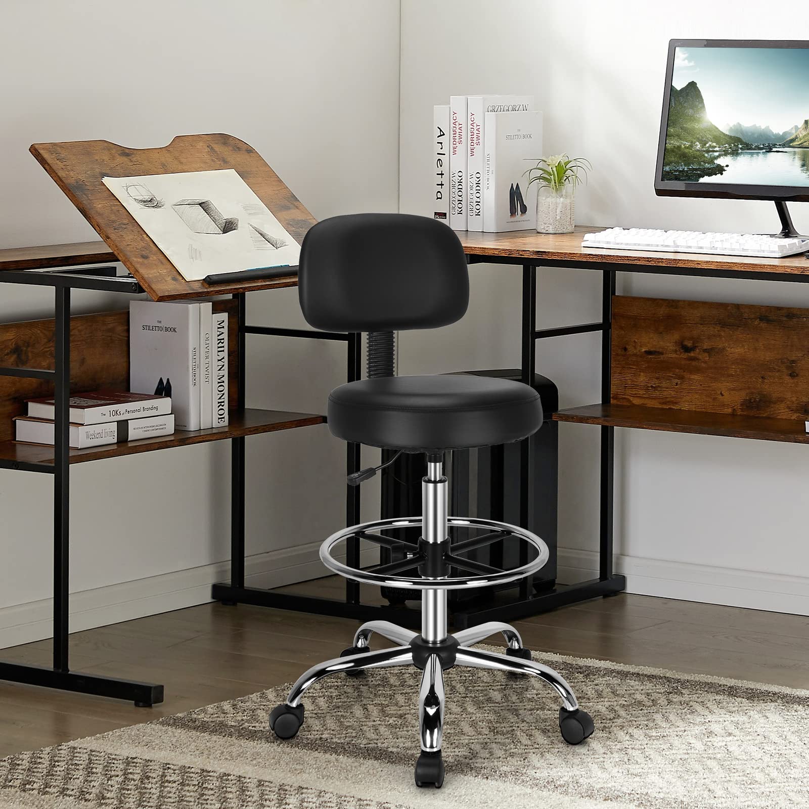 KOMFOTT PU Leather Drafting Chair, Standing Desk Chair with Adjustable