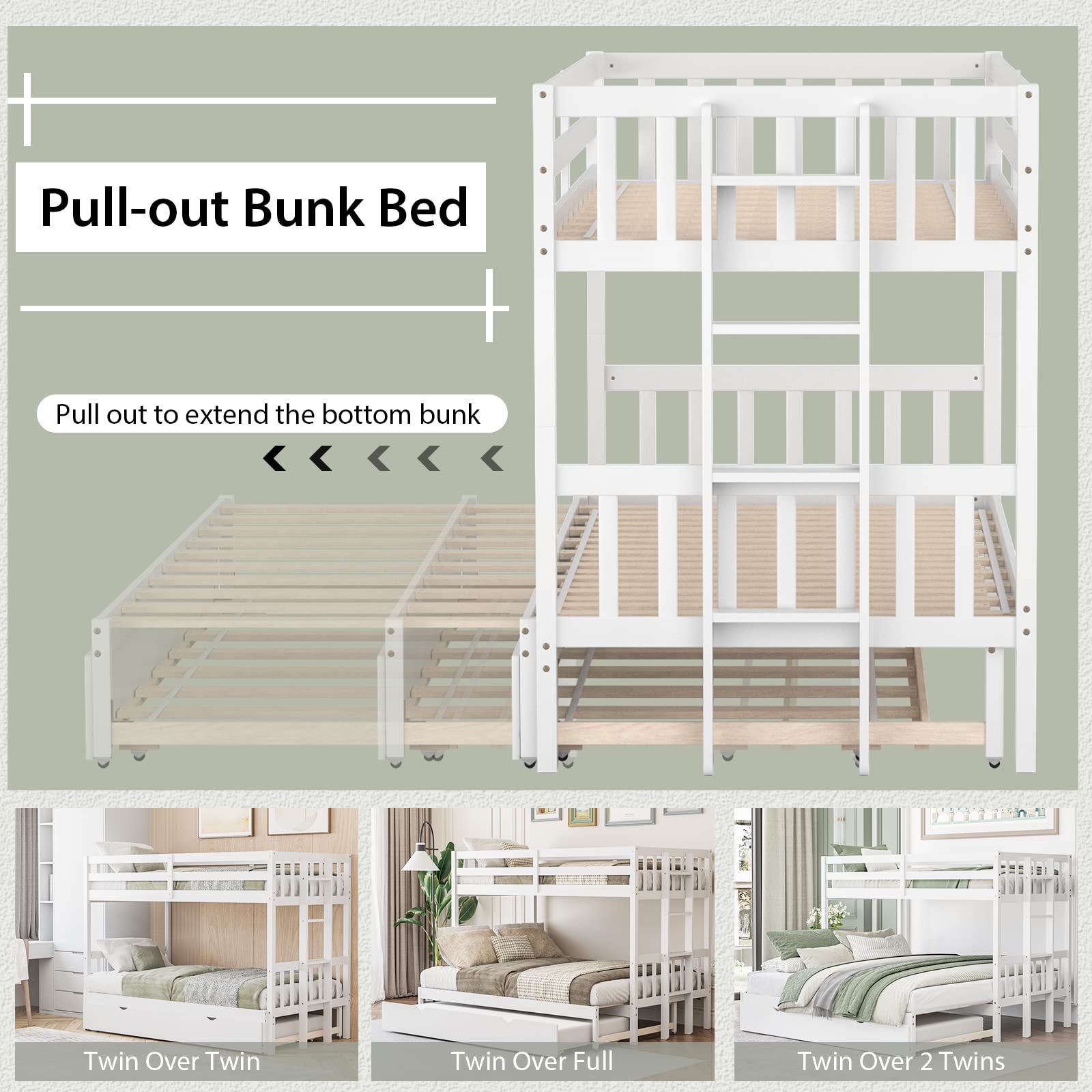 KOMFOTT Twin Over Full Bunk Bed with Trundle,  Extendable Twin/Full/Queen/King Bunk Bed