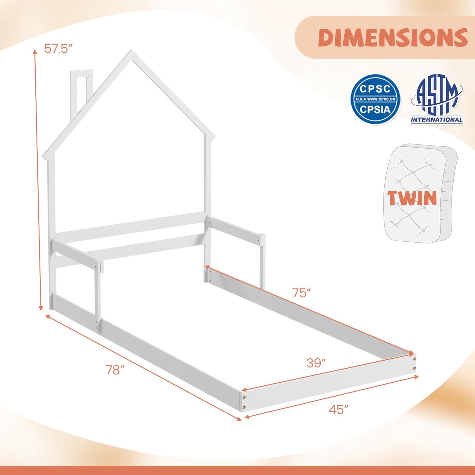 KOMFOTT Twin Floor Bed with House-Shaped Headboard