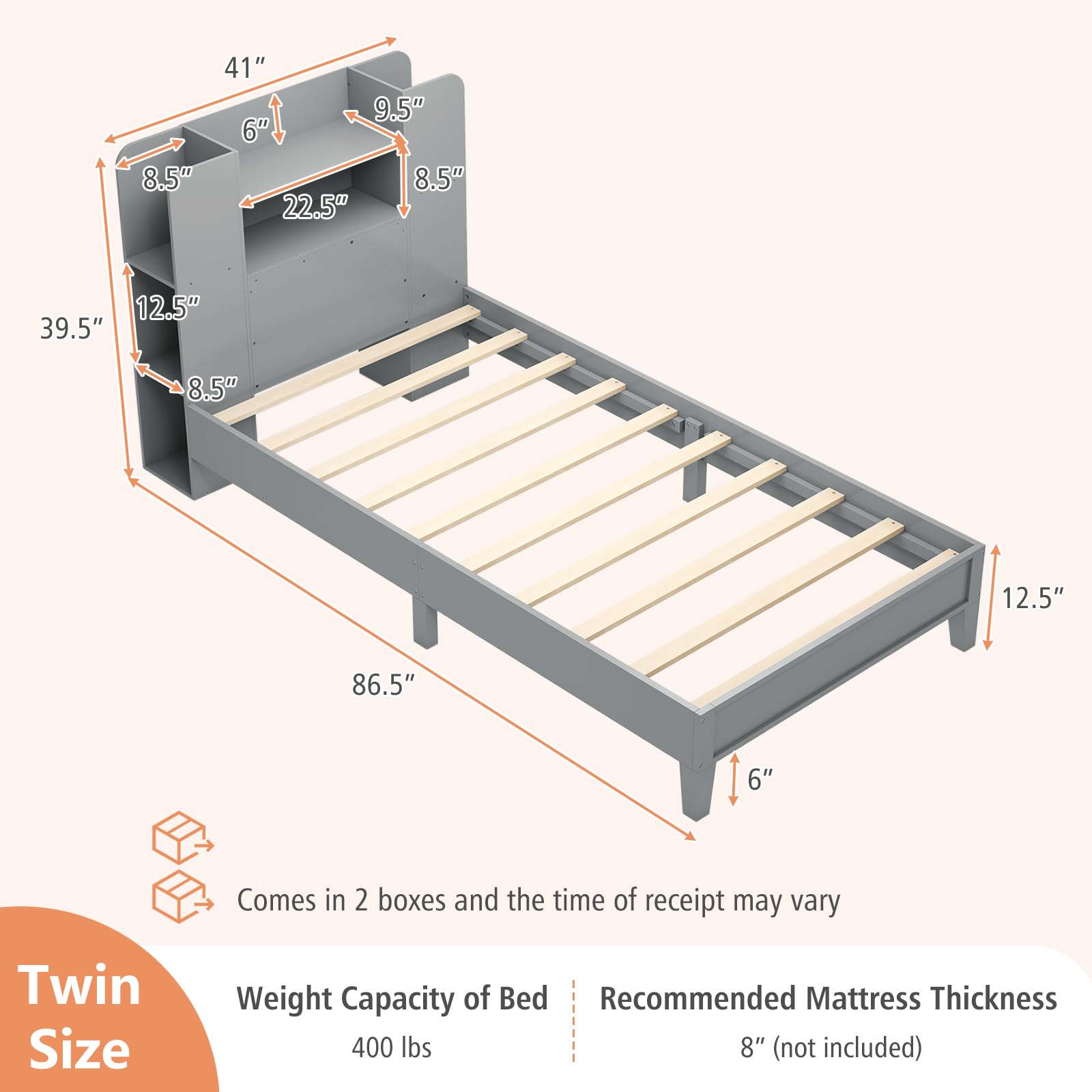 KOMFOTT Twin Wood Platform Bed Frame with Bookcase Headboard