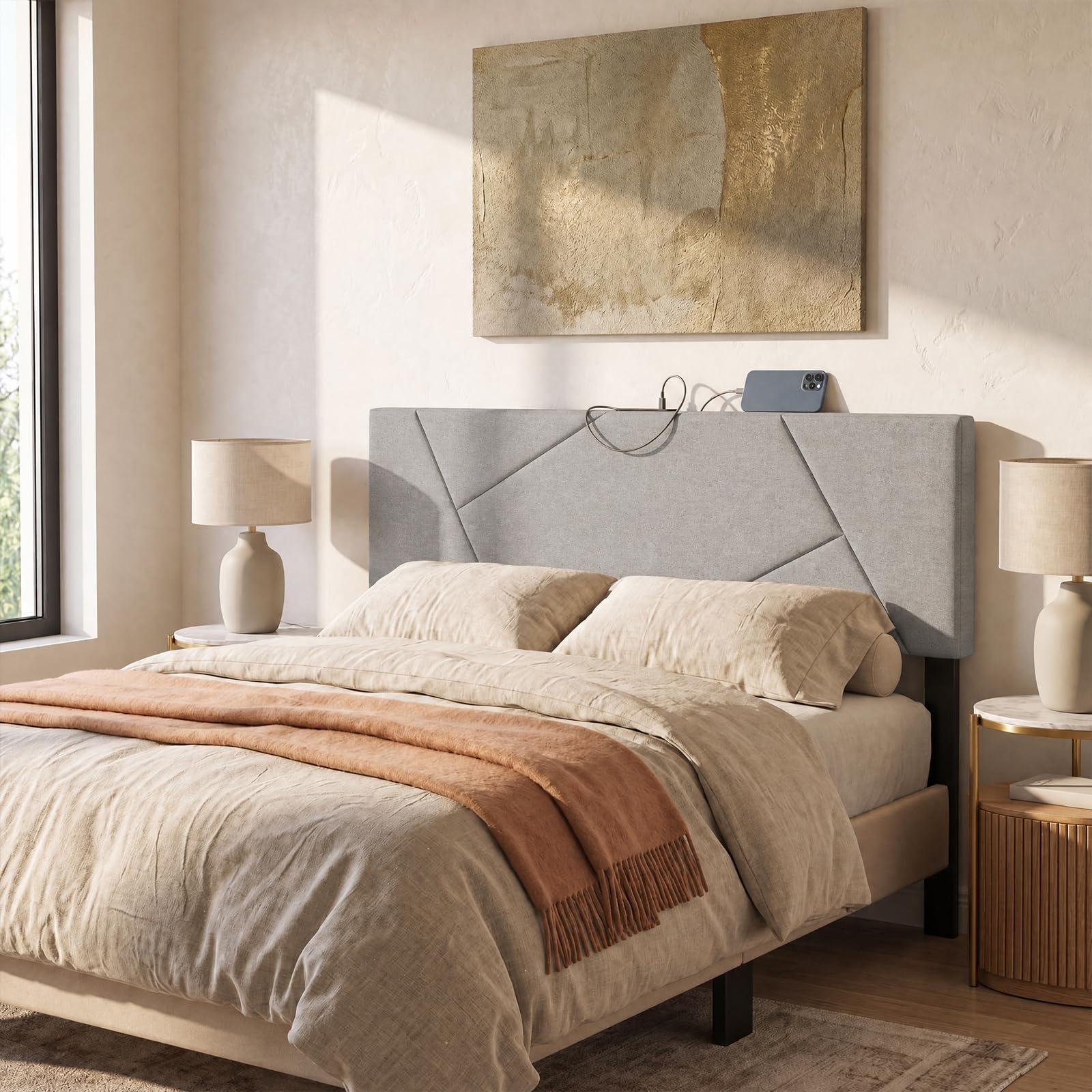 KOMFOTT Upholstered Full & Queen Headboard with Charging Station(Geometric Channel）