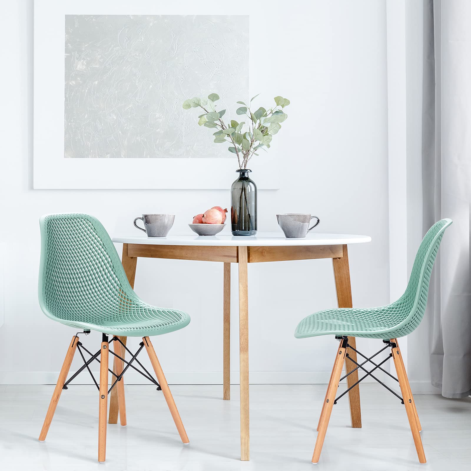 KOMFOTT Set of 2/4 Modern Dining Chairs, Outdoor Indoor Shell PP Lounge Side Chairs with Mesh Design, Beech Wood Legs