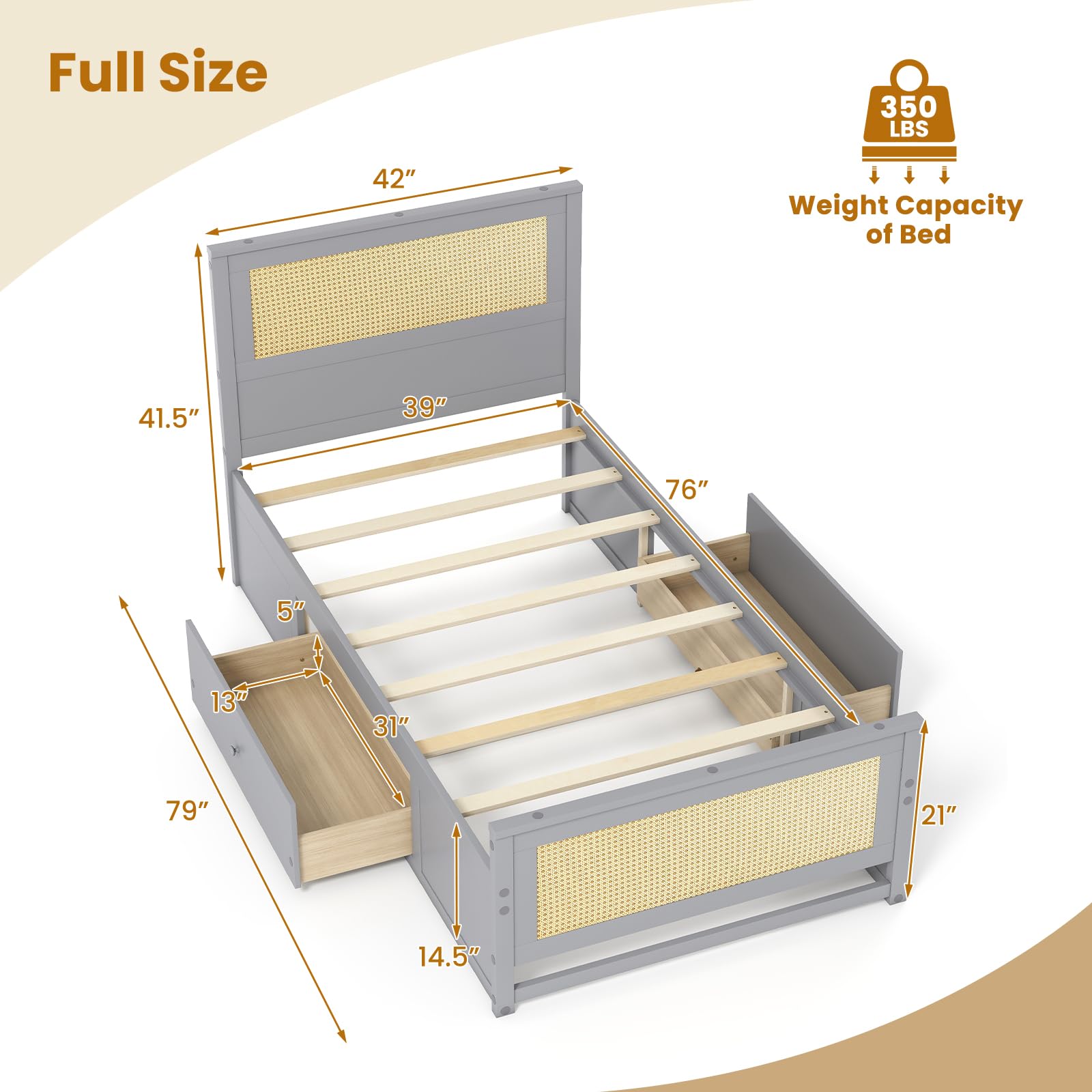KOMFOTT Rattan Bed Frame with 2 Storage Drawers
