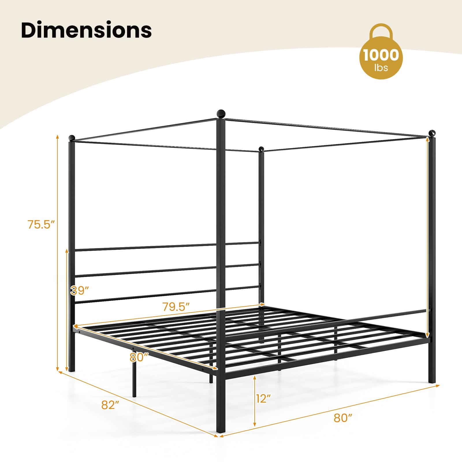 KOMFOTT Twin/Full/Queen/King Size Metal Canopy Bed Frame