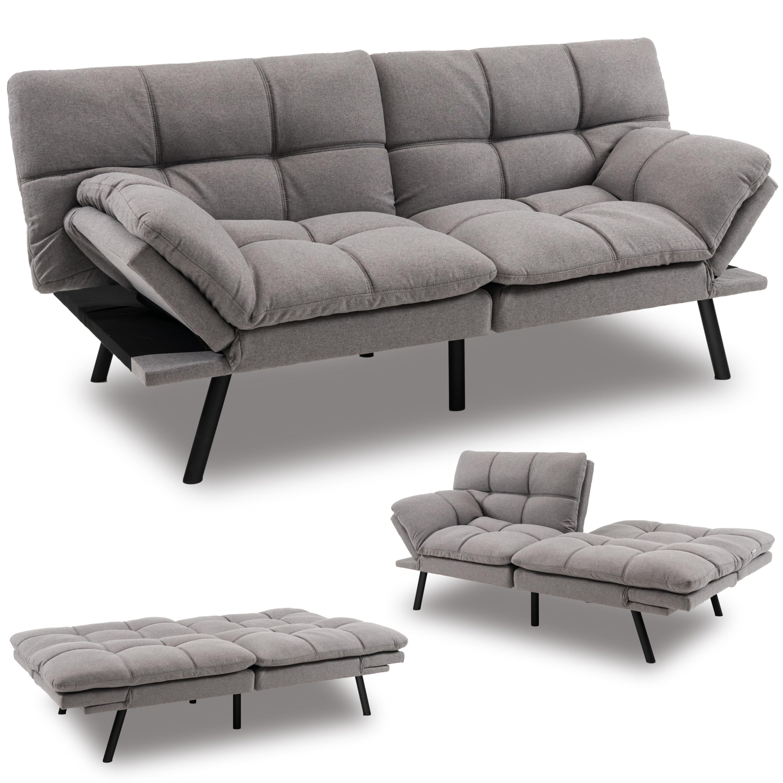 KOMFOTT Futon Sofa Bed, Faux Leather Memory Foam Convertible Futon Couch with Adjustable Backrest & Armrests