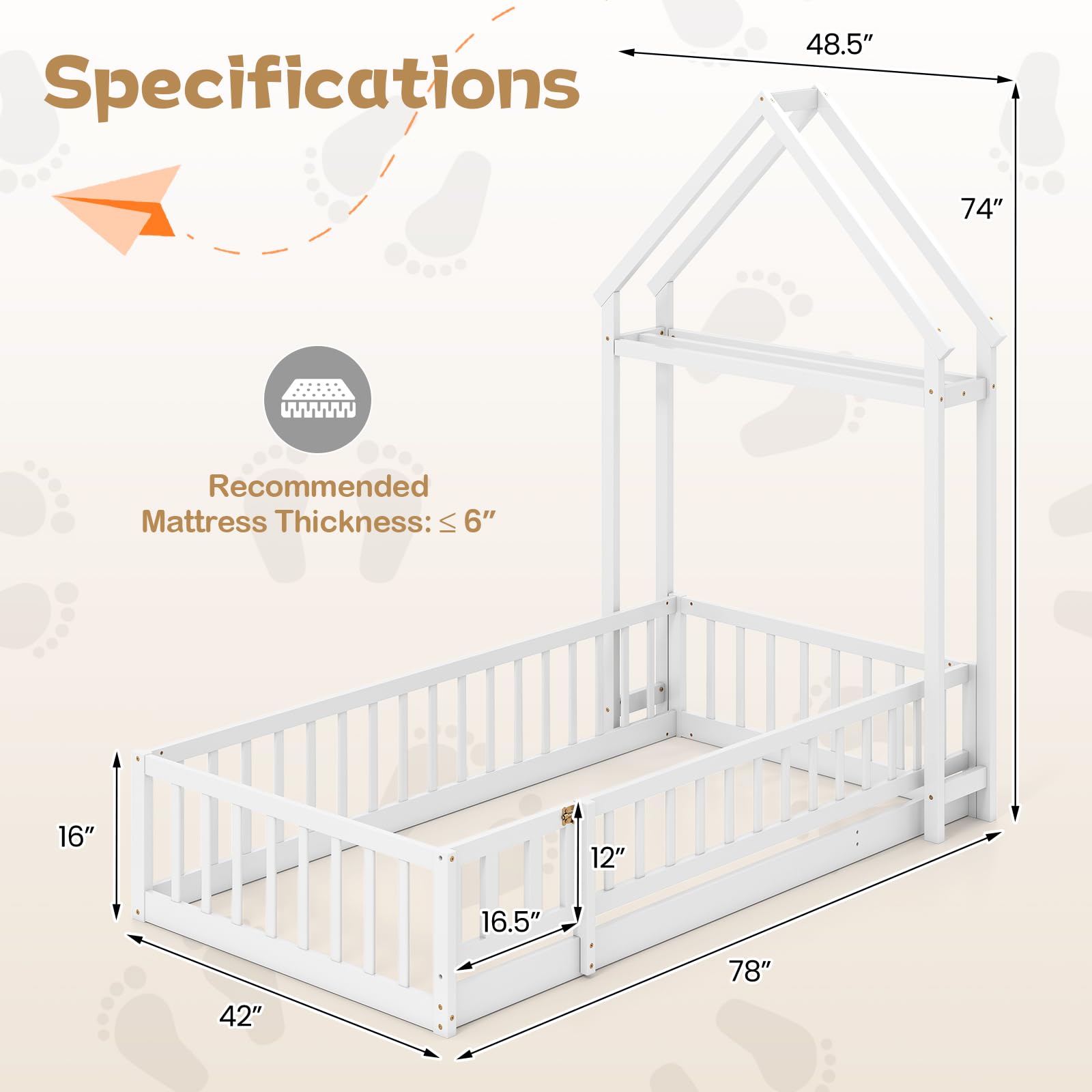 KOMFOTT Twin Size Floor Bed with House-Shaped Headboard（Twin with Headboard）