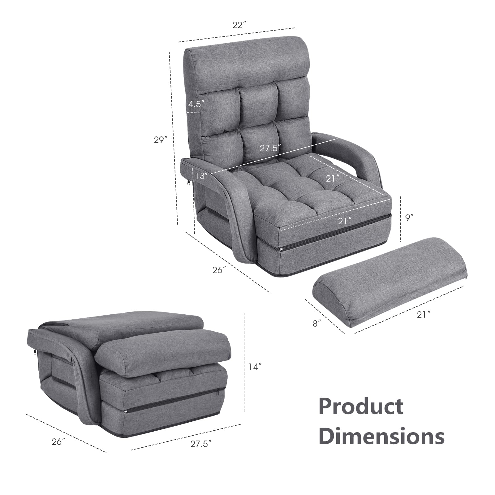 KOMFOTT Adjustable Floor Chair, Folding Lazy Sofa Chair with 5 Positions, Detachable Seat Cushion