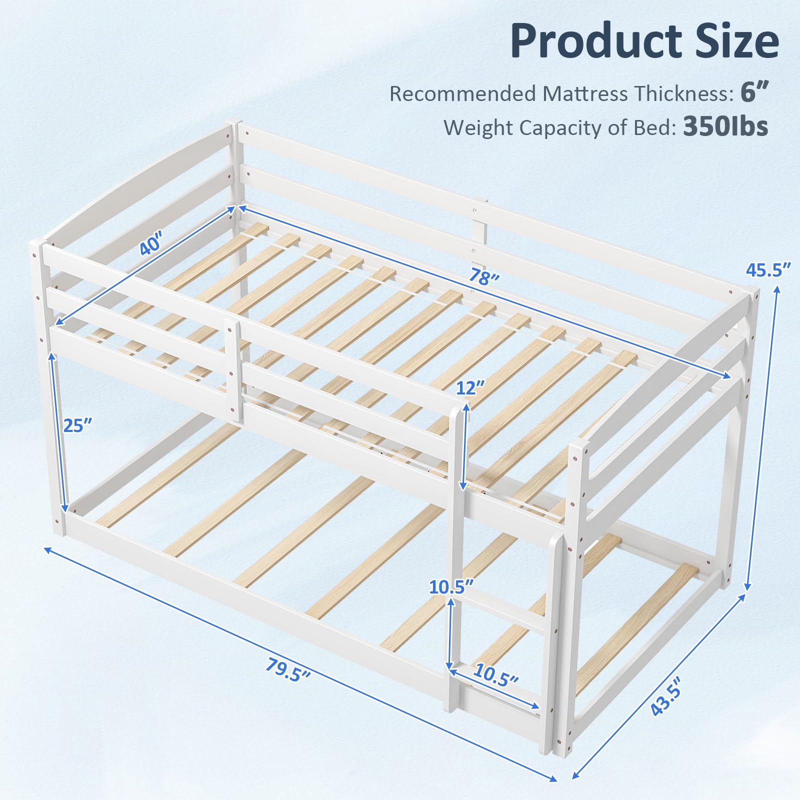 KOMFOTT Twin Over Twin Solid Wood Low Bunk Bed with Full Guardrails & Integrated Ladder