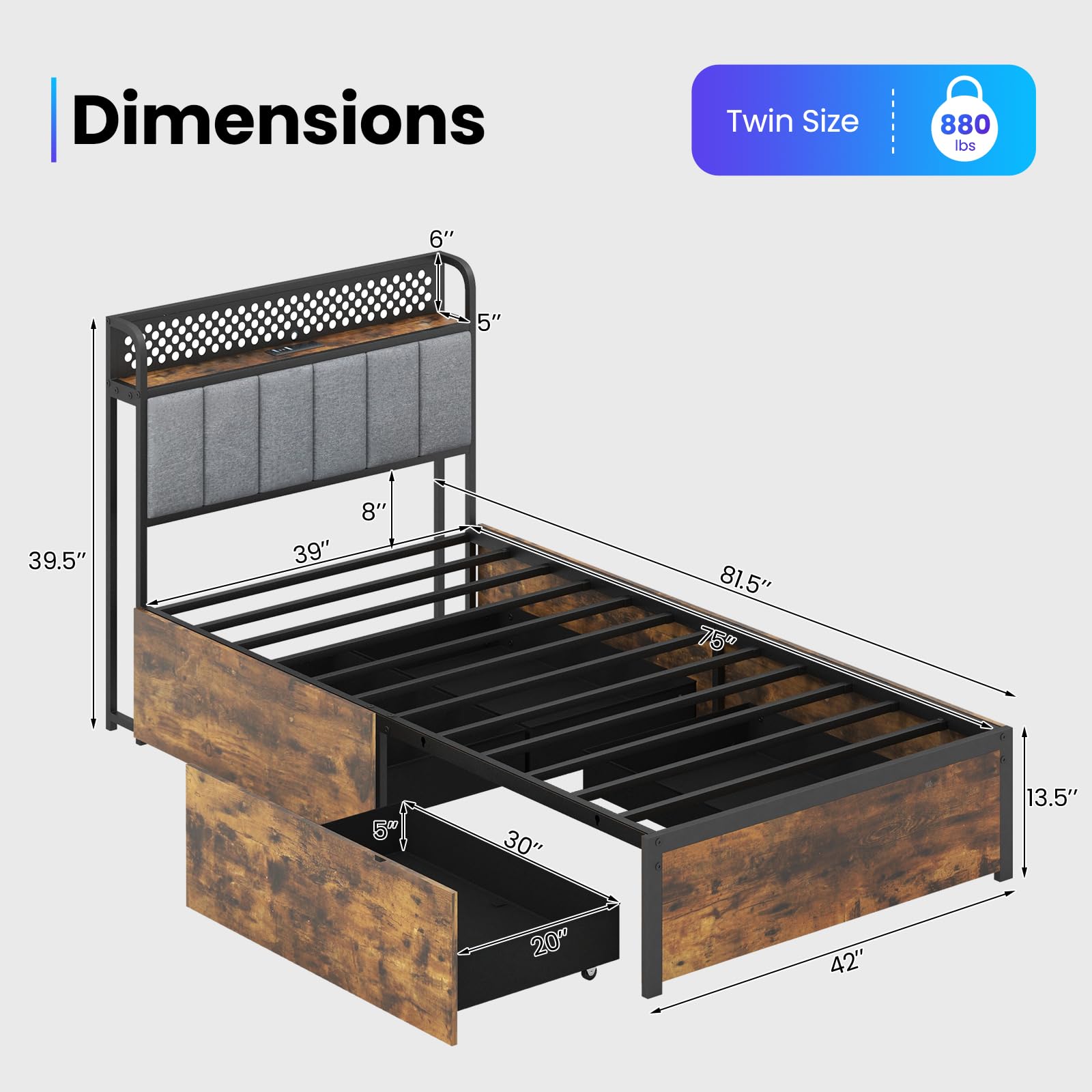 KOMFOTT Industrial LED Bed Frame with 4 Storage Drawers & Charging Station