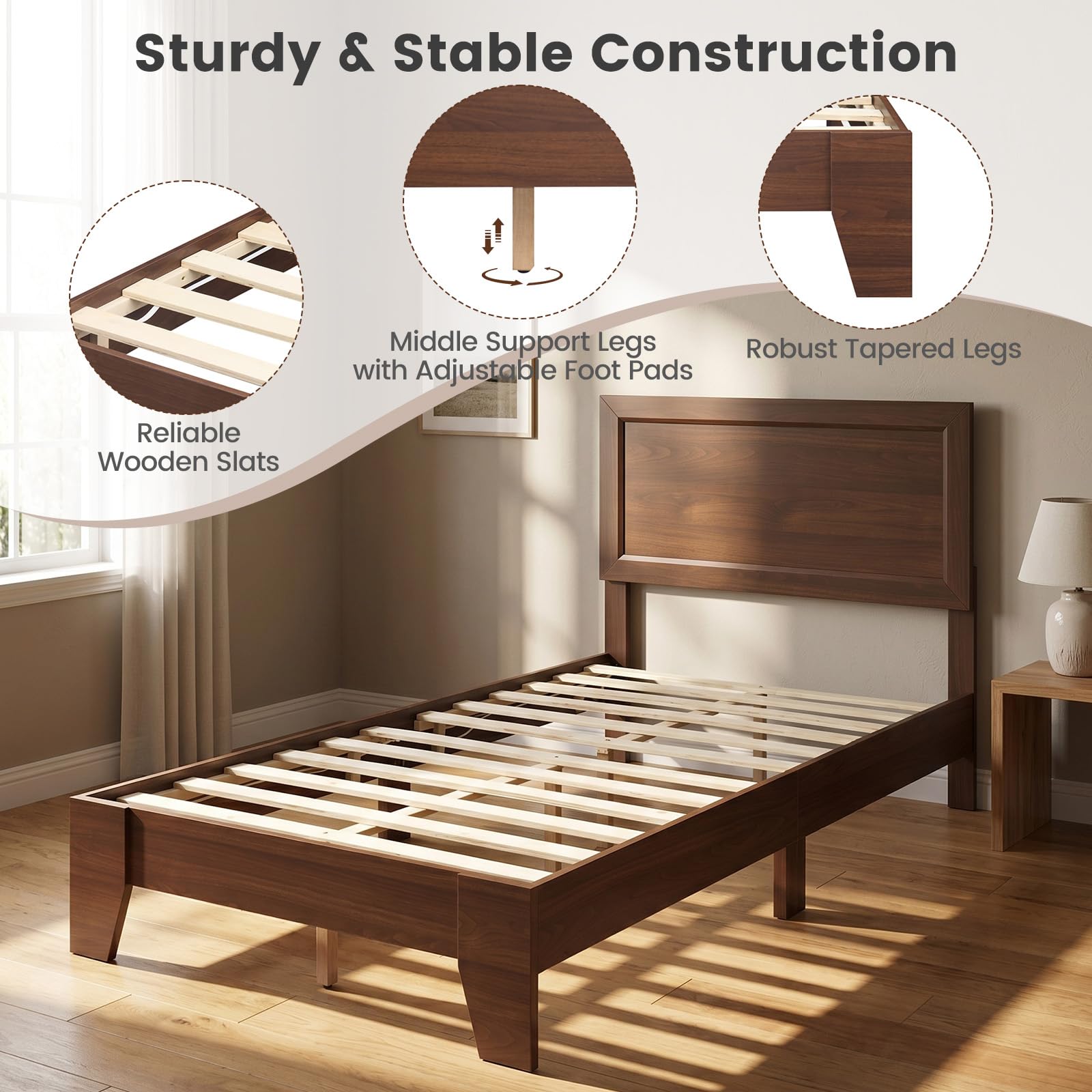 KOMFOTT Queen/Full/Twin Size Bed Frame Modern Platform Bed with Headboard