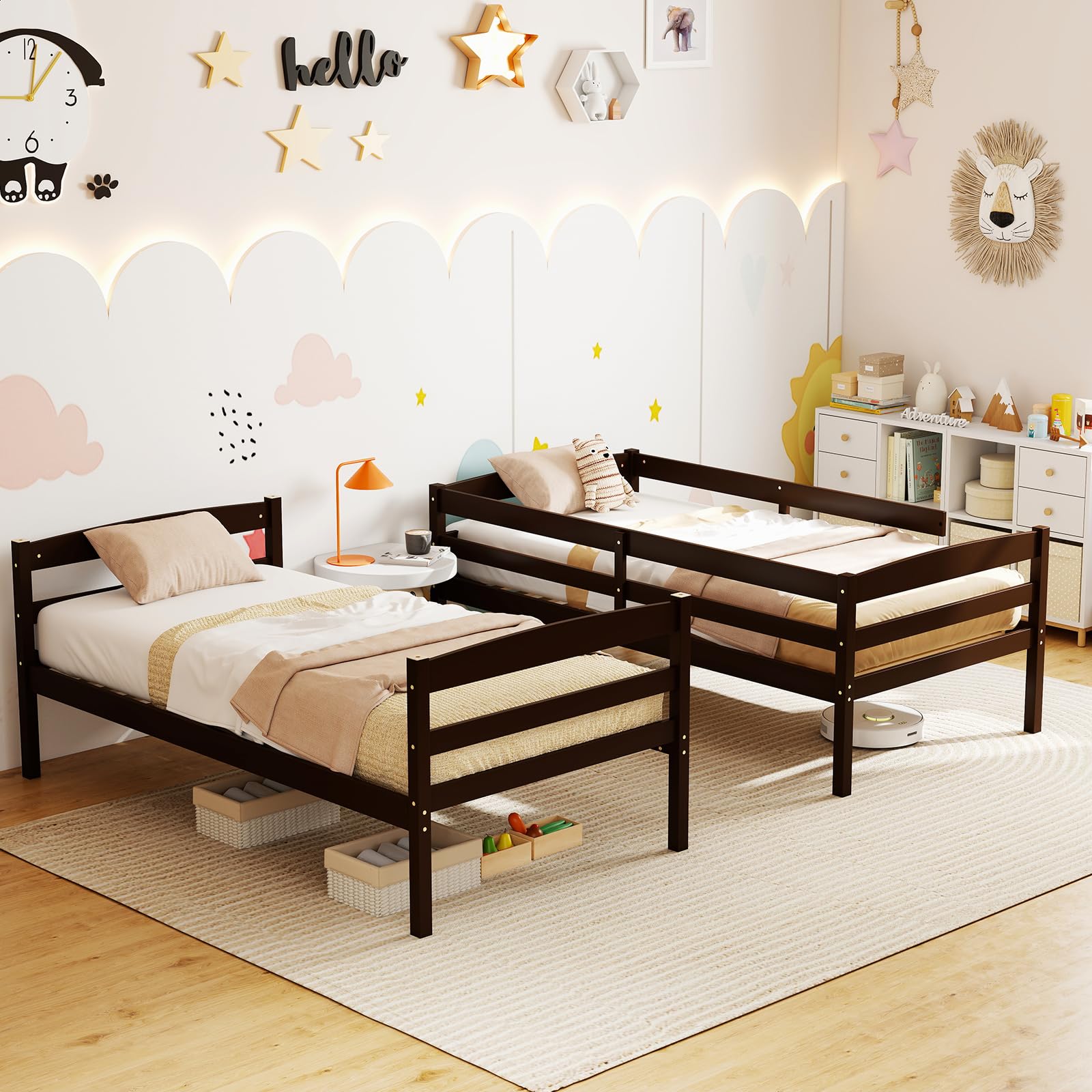KOMFOTT Twin Over Twin Wood Bunk Bed, Converts to 2 Individual Beds