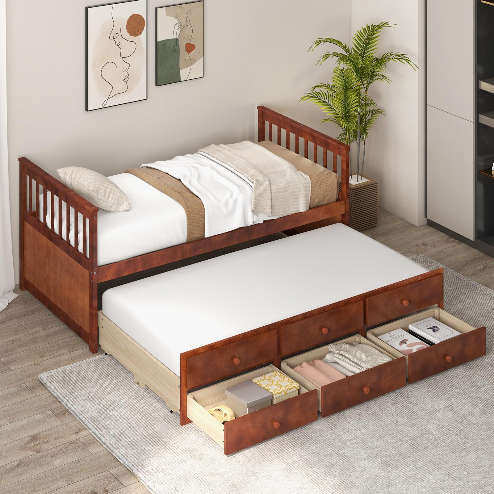 KOMFOTT Twin Captain’s Bed with Trundle Bed, Wood Storage Daybed with 3 Storage Drawers