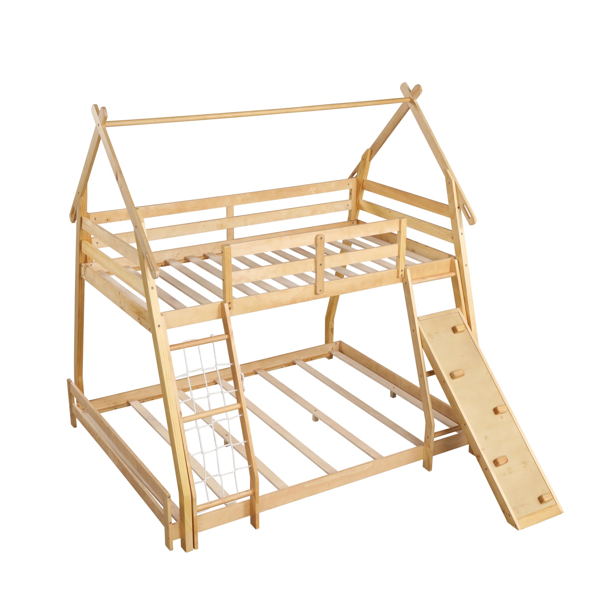 KOMFOTT Wood Twin Over Queen House Bunk Bed with Climbing Nets & Ramp