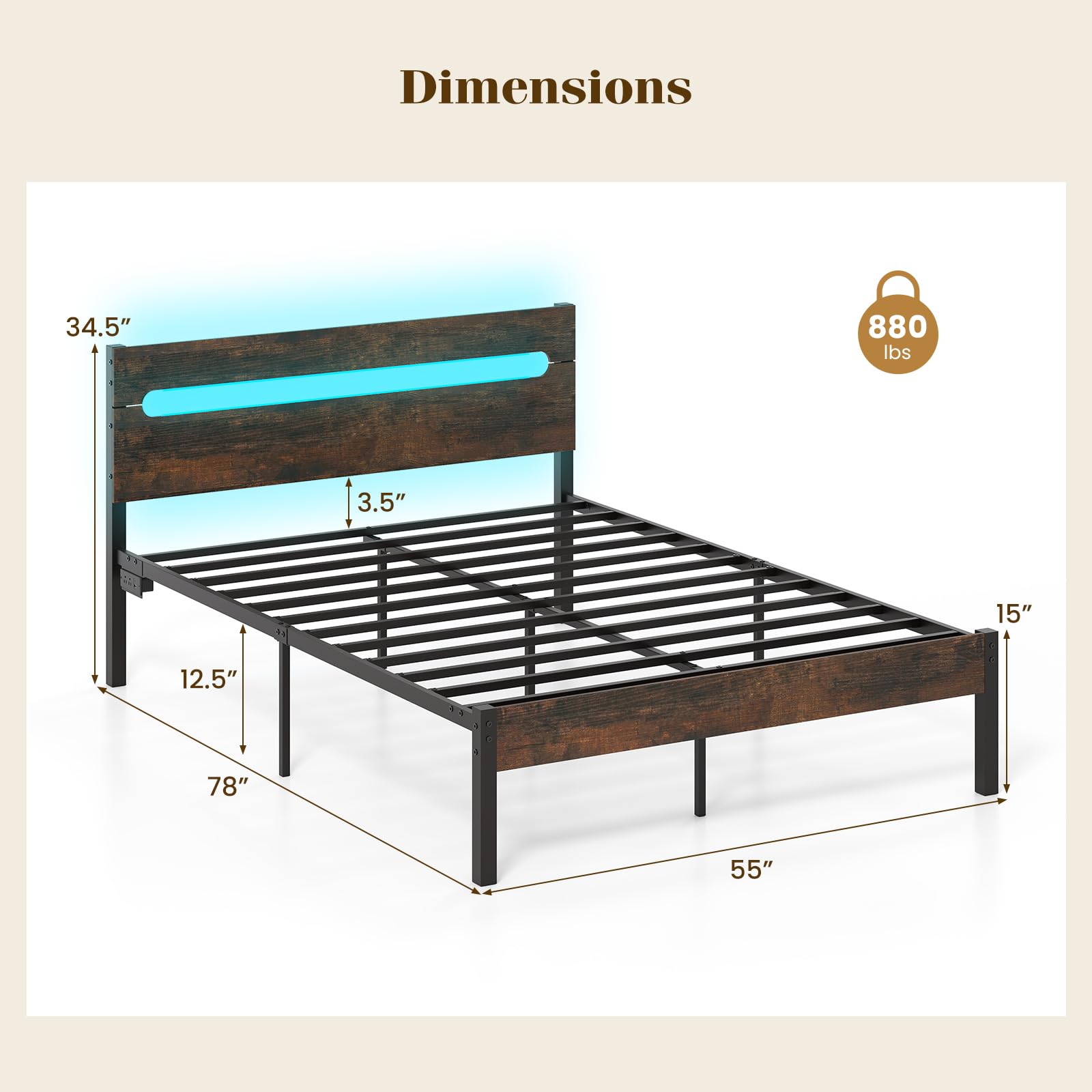 KOMFOTT Full Metal Bed Frame with Headboard & Charging Station